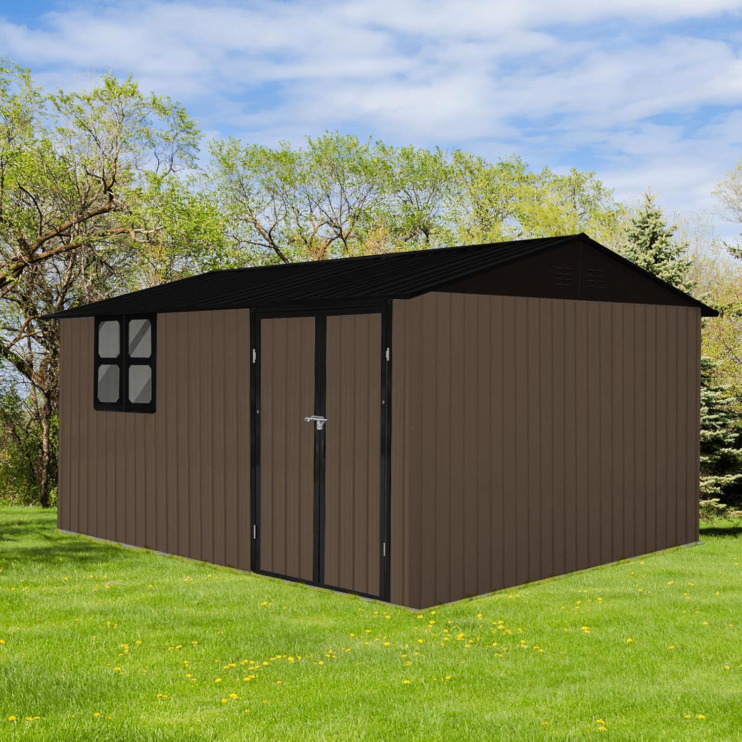 10x12 FT Outdoor Storage Shed, Metal Aluminum Waterproof Tool Shed with Window and Foldable Door, Heavy-Duty Sheds for Storing Bicycles, Lawnmowers, Barbeques