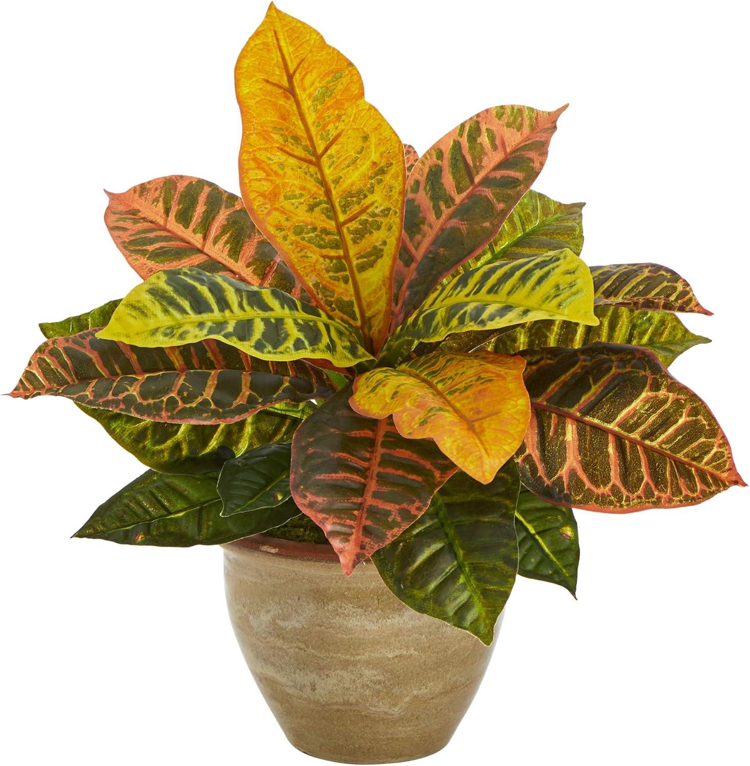 Nearly Natural 15-in Garden Croton Artificial Plant in Ceramic Planter (Real Touch)