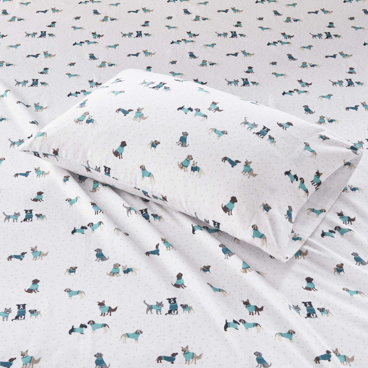 Teal Dogs Full Cotton Flannel Sheet and Pillowcase Set