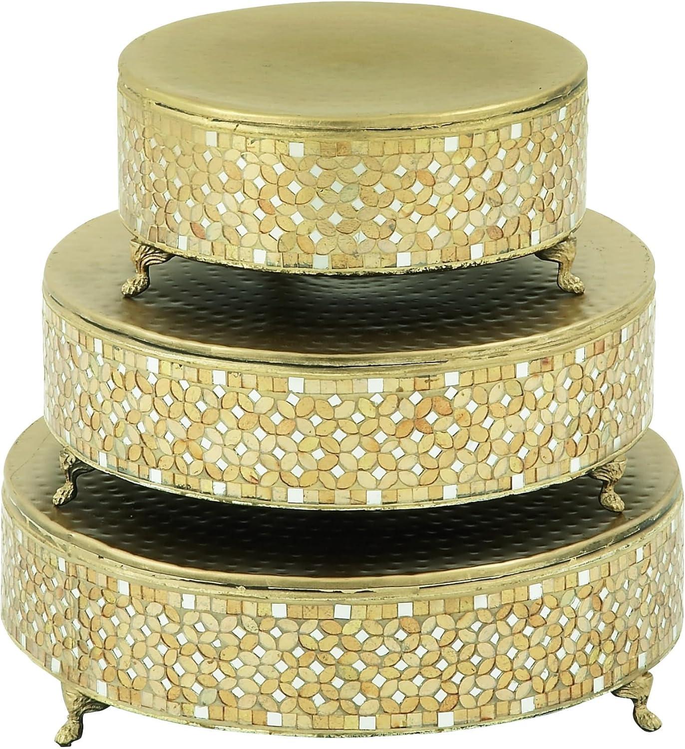 DecMode Metal Gold Glam Mosaic Patterned Decorative Cake Stand, Set of 3 19", 17", 13"W