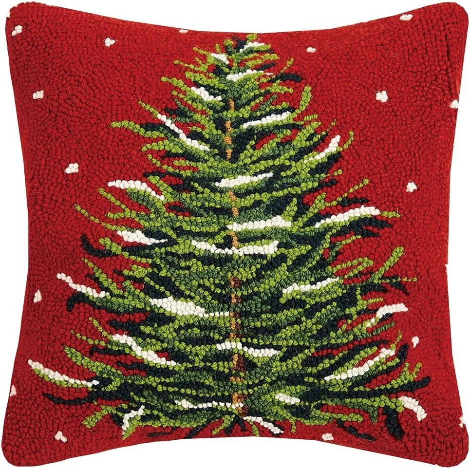 16" Red Wool and Cotton Christmas Tree Throw Pillow