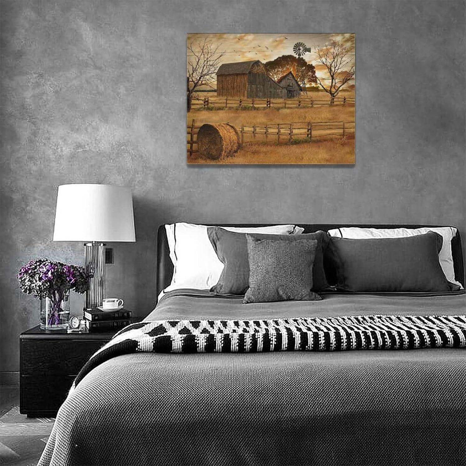 Farmhouse Wall Art Rustic Wall Decor Old Barn Canvas Prints Country Sunset Landscape Painting Pictures Home Modern Artwork Home Decoration for Bathroom Bedroom Living Room 16"x12"