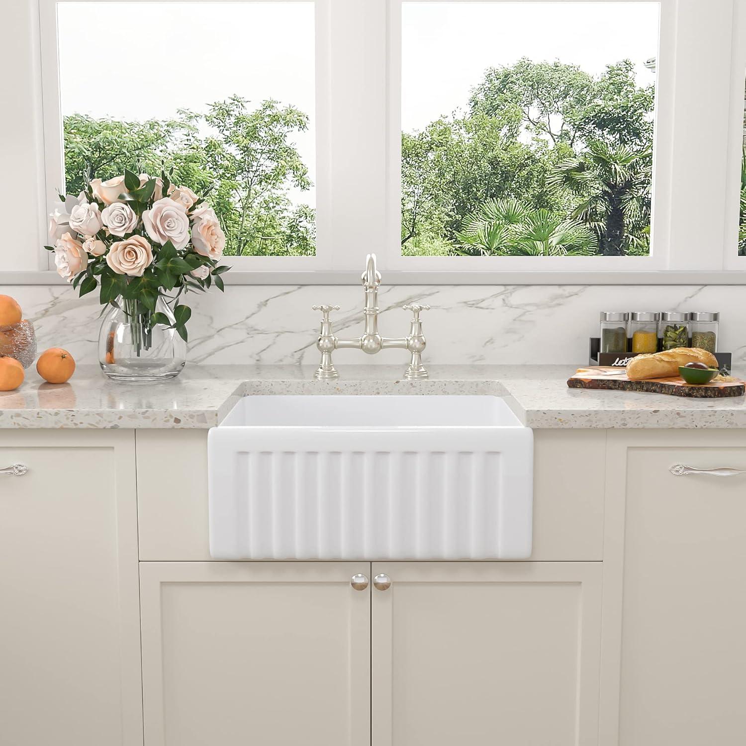 24-Inch Glossy White Fireclay Farmhouse Kitchen Sink with Accessories