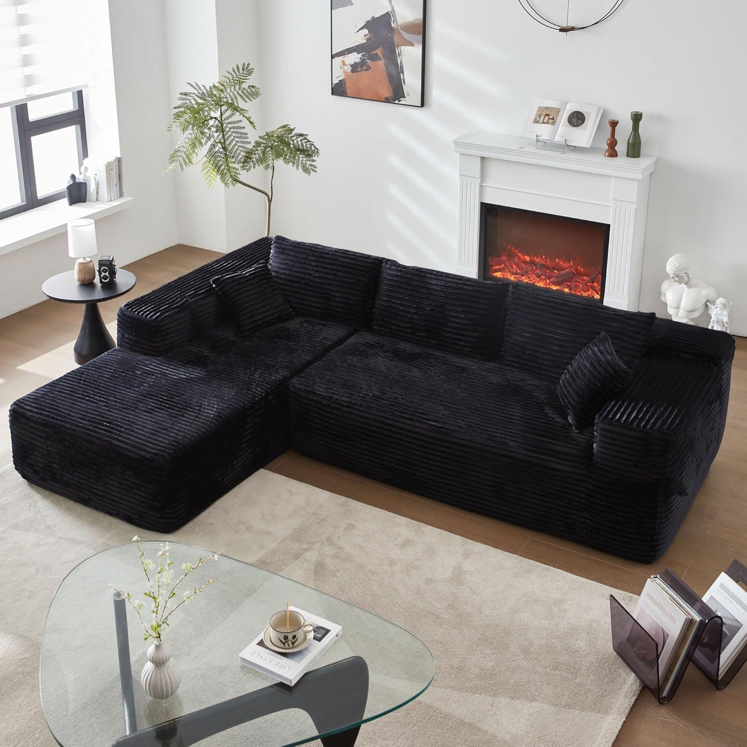104" L-Shape Modular Sectional Sofa Couch - Comfy Upholstered Cloud Couches for Living Room - Modern Minimalist Couch,Deep Seat,No Assembly Required (Black,Plush Corduroy, Right Facing Chaise)