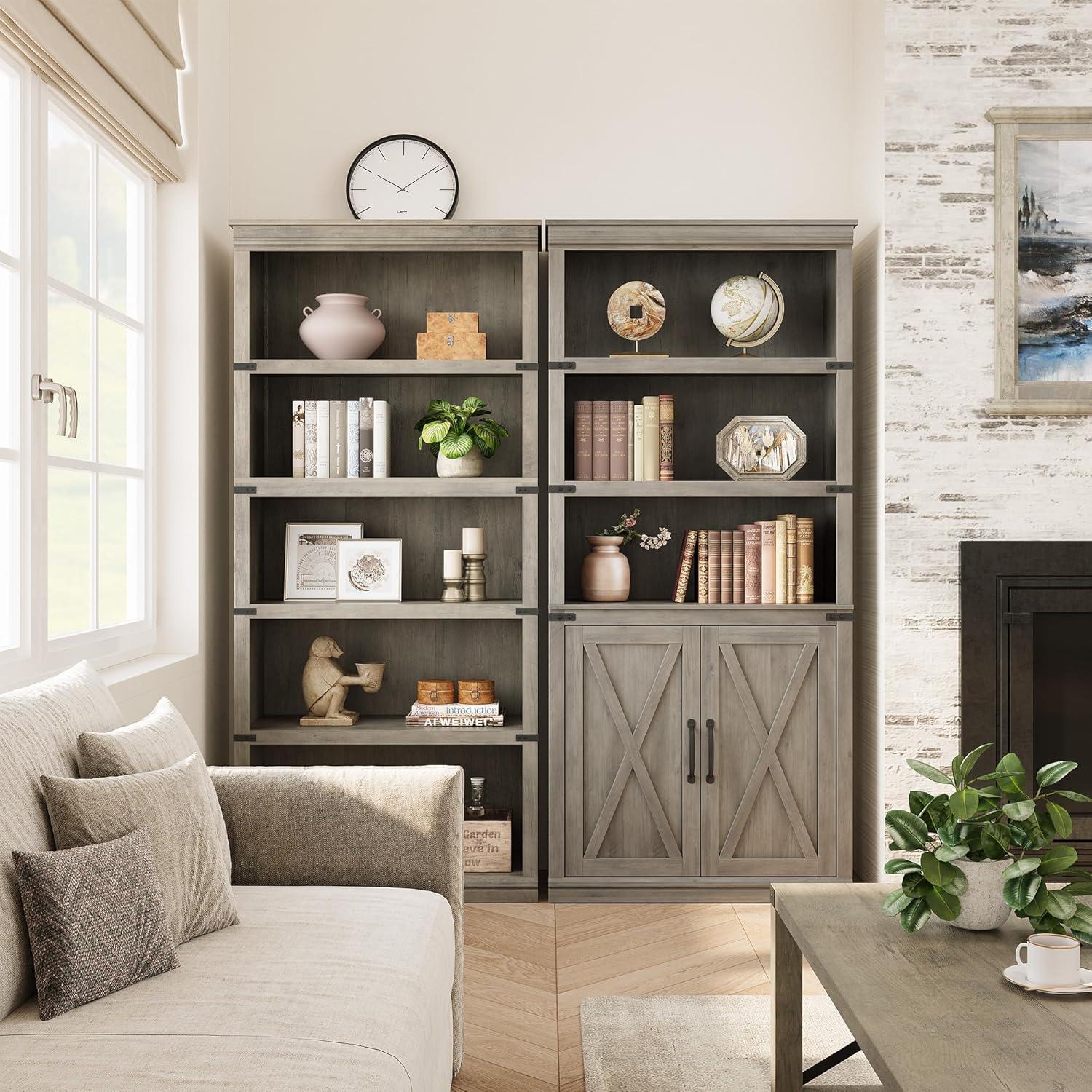 5-Tier Wooden Bookshelves with Cabinet Doors and Bookcases with Doors Floor Bookshelves and Office Storage Cabinets