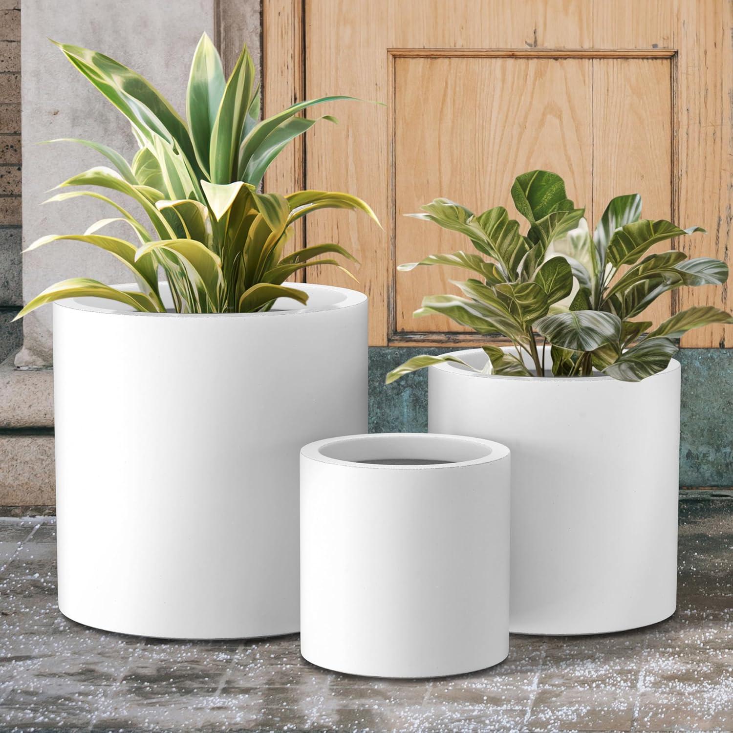 Set of 3 Modern Cylindrical Lightweight Concrete Outdoor Planters Pure White - Rosemead Home & Garden, Inc.