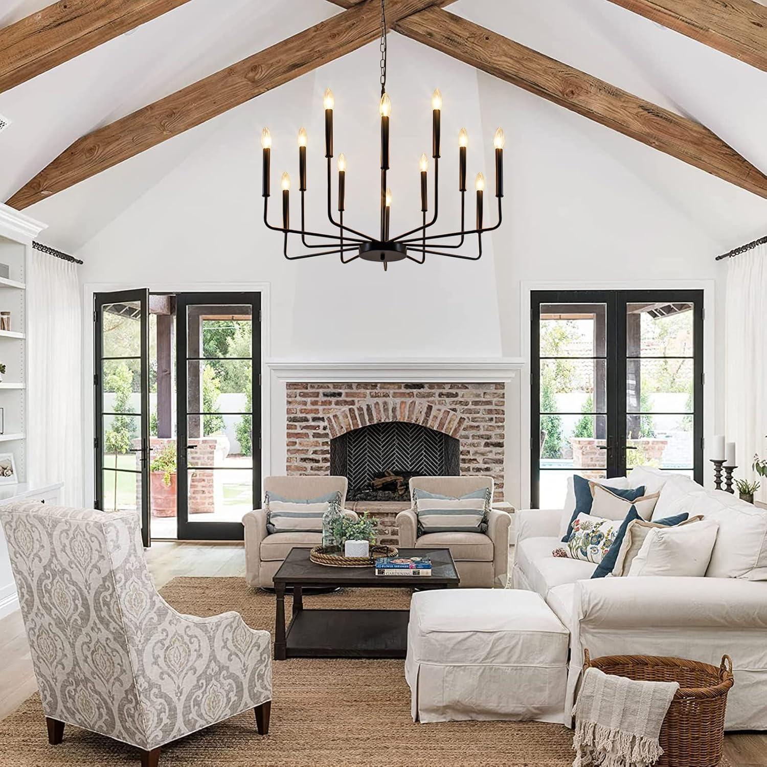 Black Chandelier, 12-Light Farmhouse Chandeliers for Dining Room, Classic Candle Ceiling Pendant Light Fixture for Living Room, Foyer, Kitchen Island, Bedroom, Entryway