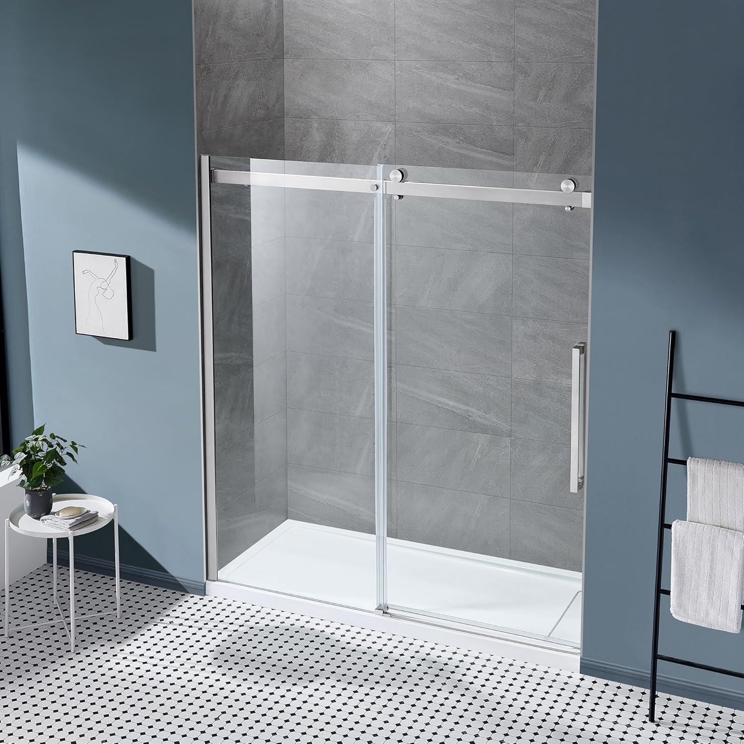 OVE Decors Bel Soft Close Satin nickel 72-in W x 78.75-in H Frameless Clear Glass Sliding Soft Close Shower door