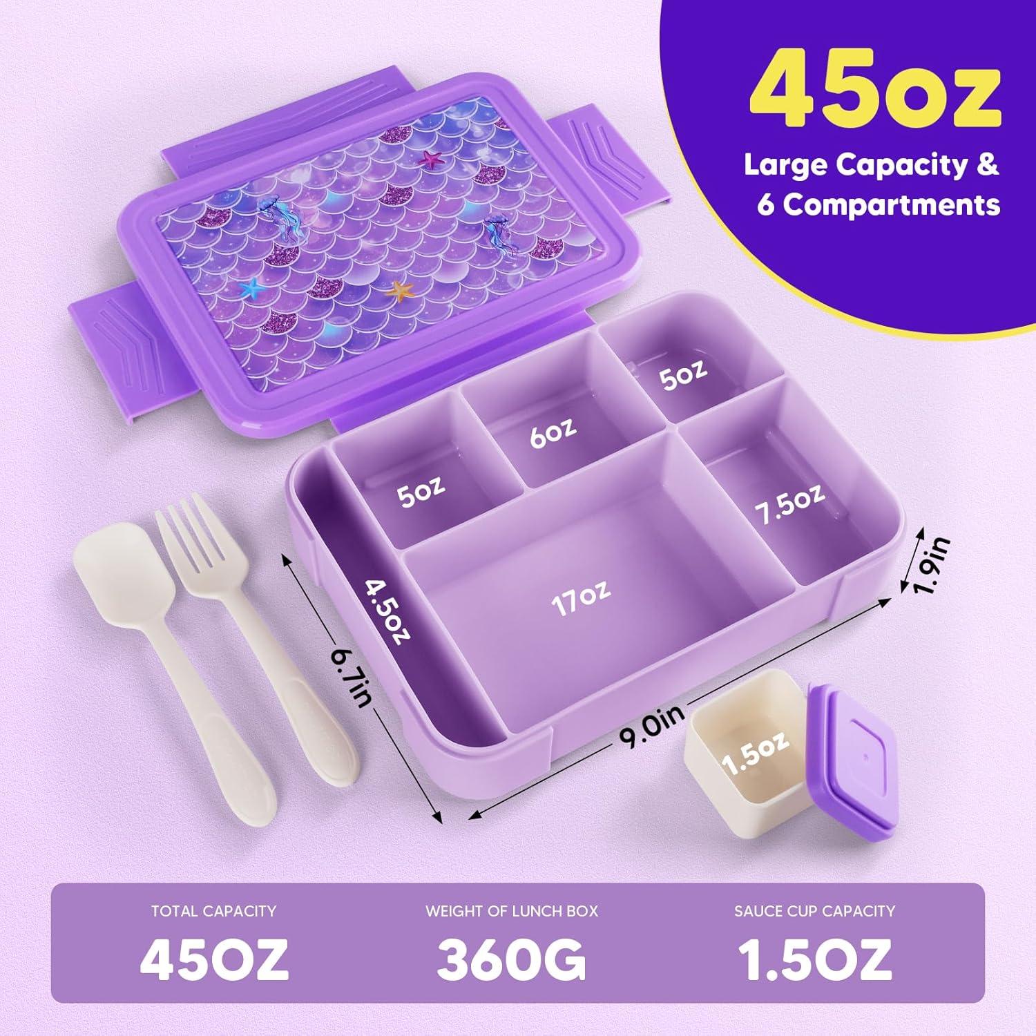 JYPS Bento Box for Kids,Leak-Proof Kids Lunch Box with 6 Compartments,Sauce Container,Utensils,BPA Free Microwave/Dishwasher Safe Lunch Container for Girls and Toddlers Back to School-Purple Mermaid