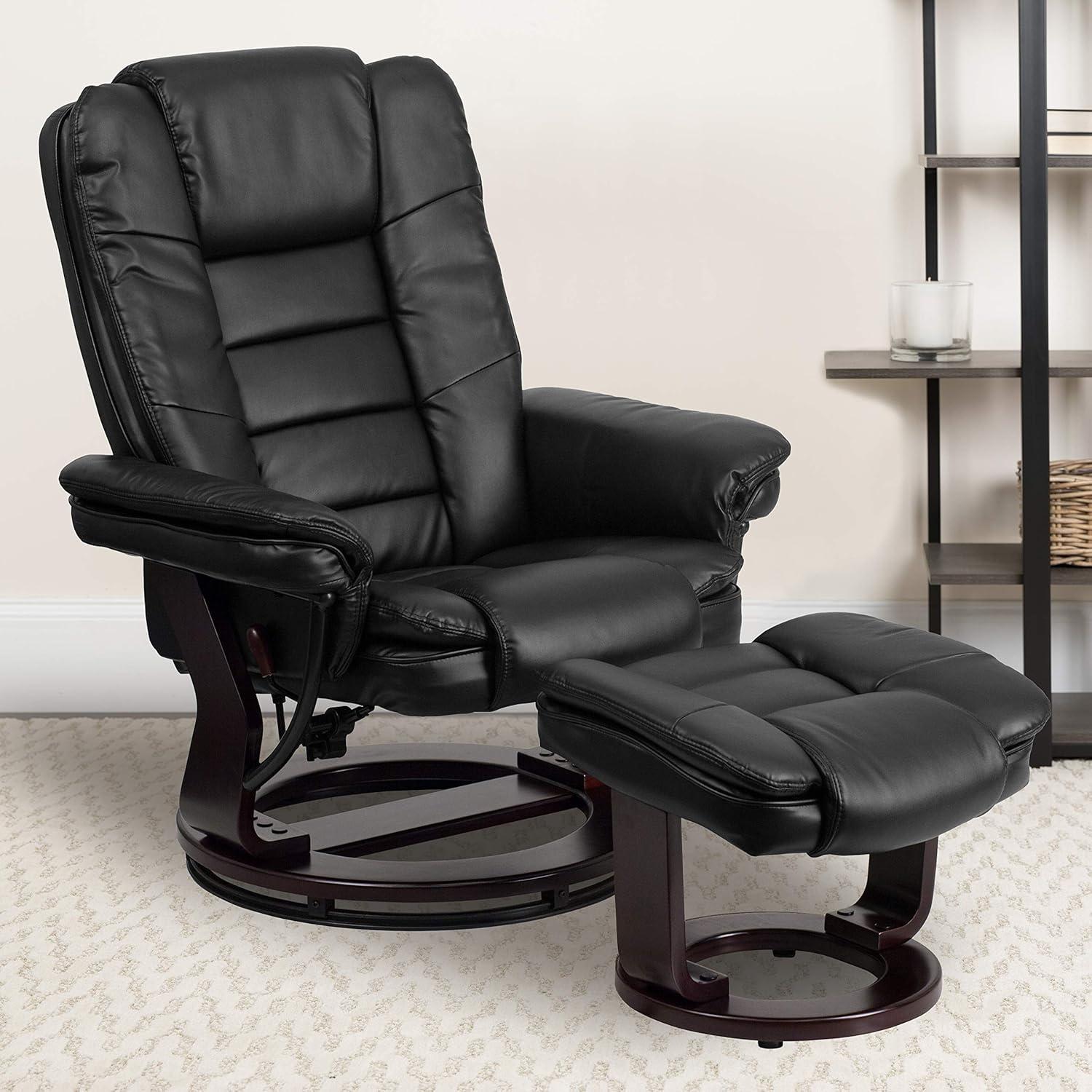 Black Faux Leather Swivel Recliner with Wood Base