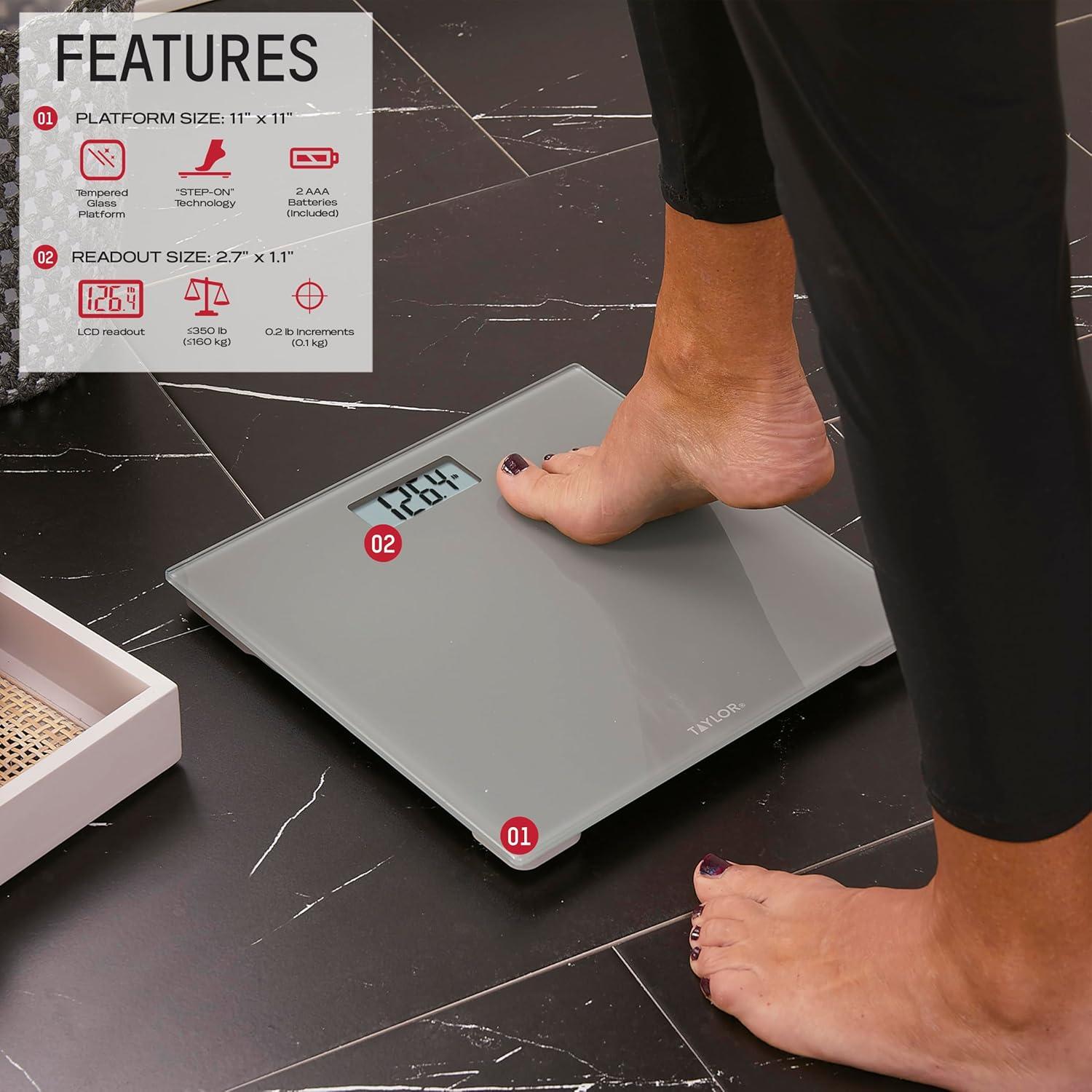 Taylor 11.0" x 11.0" Digital Glass Body Weight Scale Battery Powered, FSA HSA Eligible, 350 lb Capacity, Gray