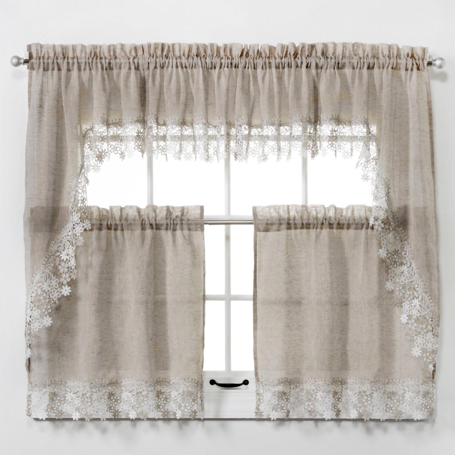 Collections Etc Renaissance Home Fashion Lillian Valance with Macrame Band, 58" X 12", Linen