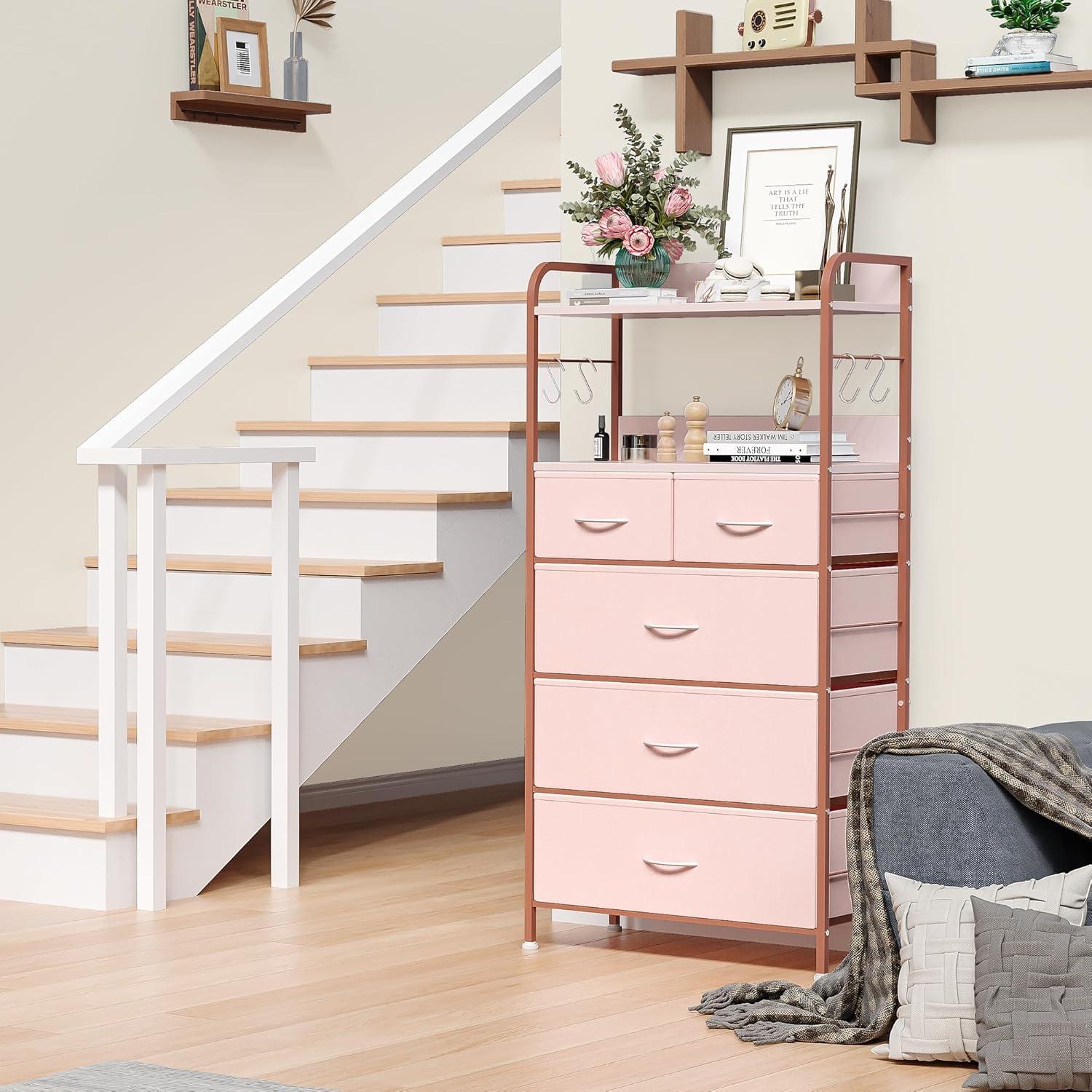 Pink Fabric and MDF Tall Dresser with Open Shelves