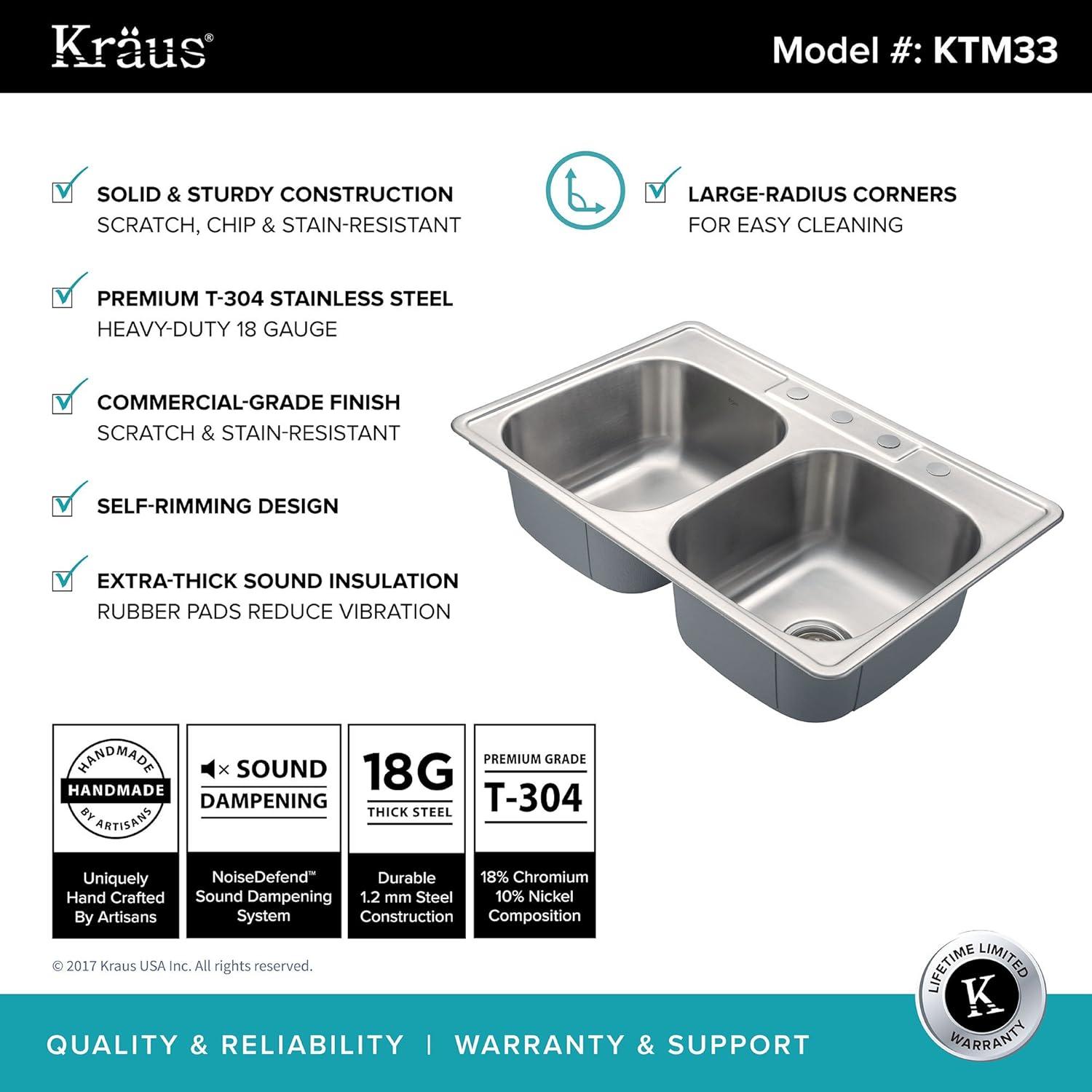 KRAUS 33 inch L Topmount 50/50 Double Bowl 18 Gauge Stainless Steel Kitchen Sink with NoiseDefend Soundproofing