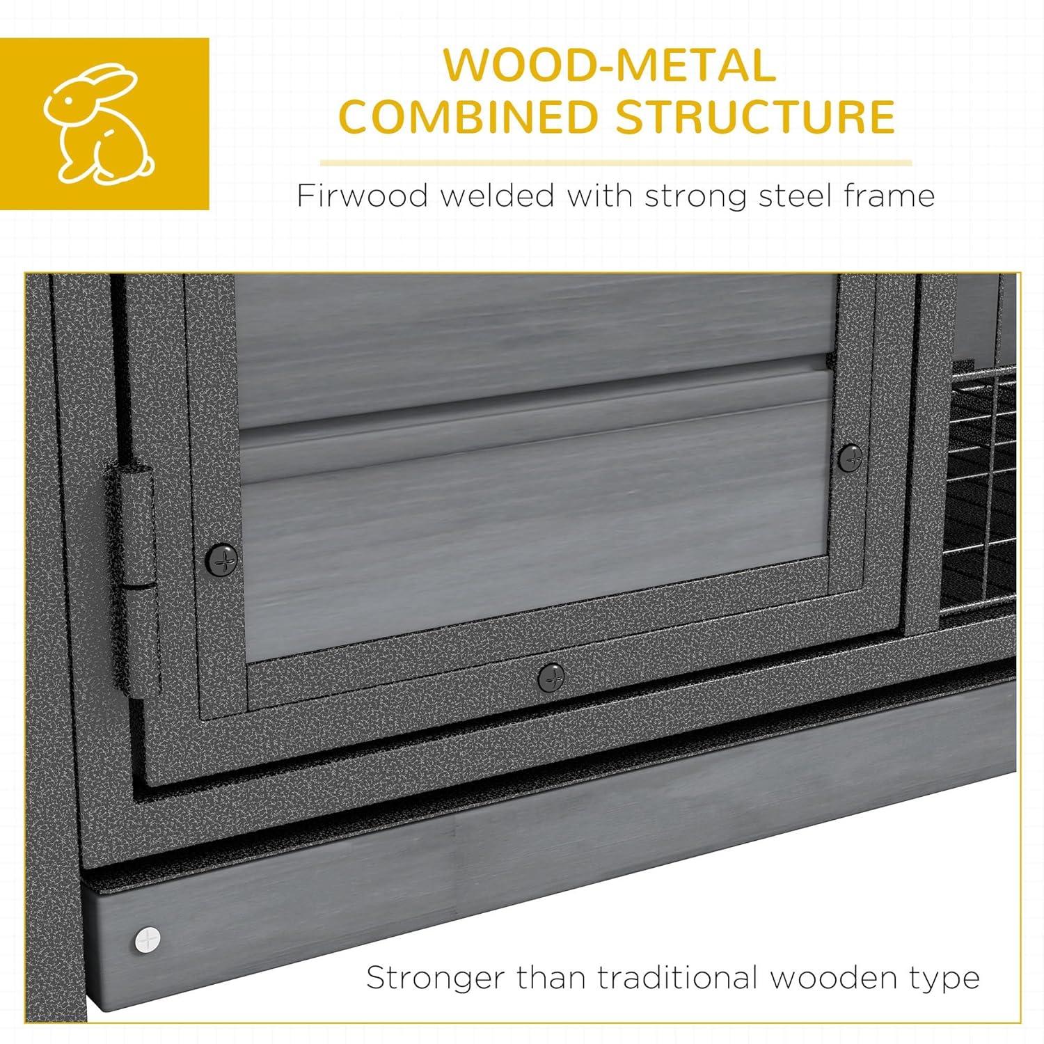 PawHut Rabbit Hutch Elevated Bunny Cage Small Animal Habitat with Metal Frame, Wire Pan, and Asphalt Roof for Indoor/Outdoor Natural Wood