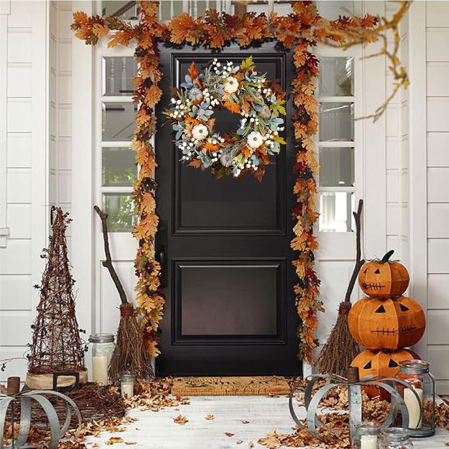 Artificial Fall Wreaths for Front Door Rustic Autumn Wreath with Pumpkin,Rose,Berry Branchesm,Mixed Leaves Thanksgiving Wreath Fall Door Wreath for Halloween Thanksgiving Indoor Outdoor Decor (A15.7)