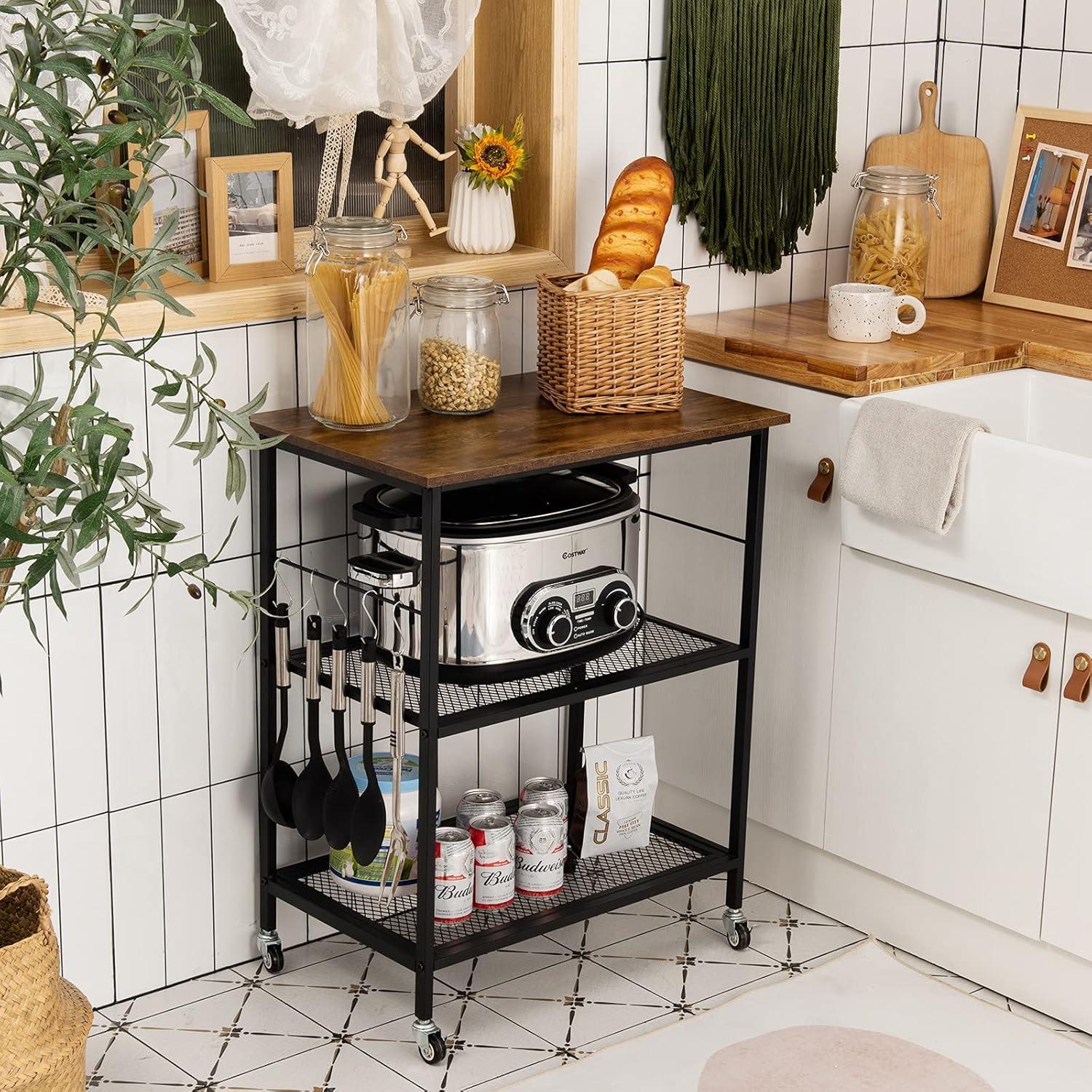 Vintage Brown 3-Tier Rolling Kitchen Cart with Storage