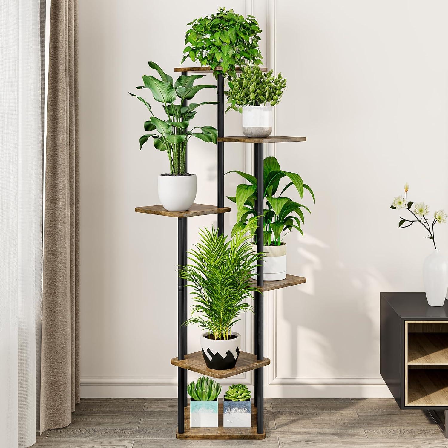 Black and Brown 6-Tier Metal and MDF Indoor Plant Stand