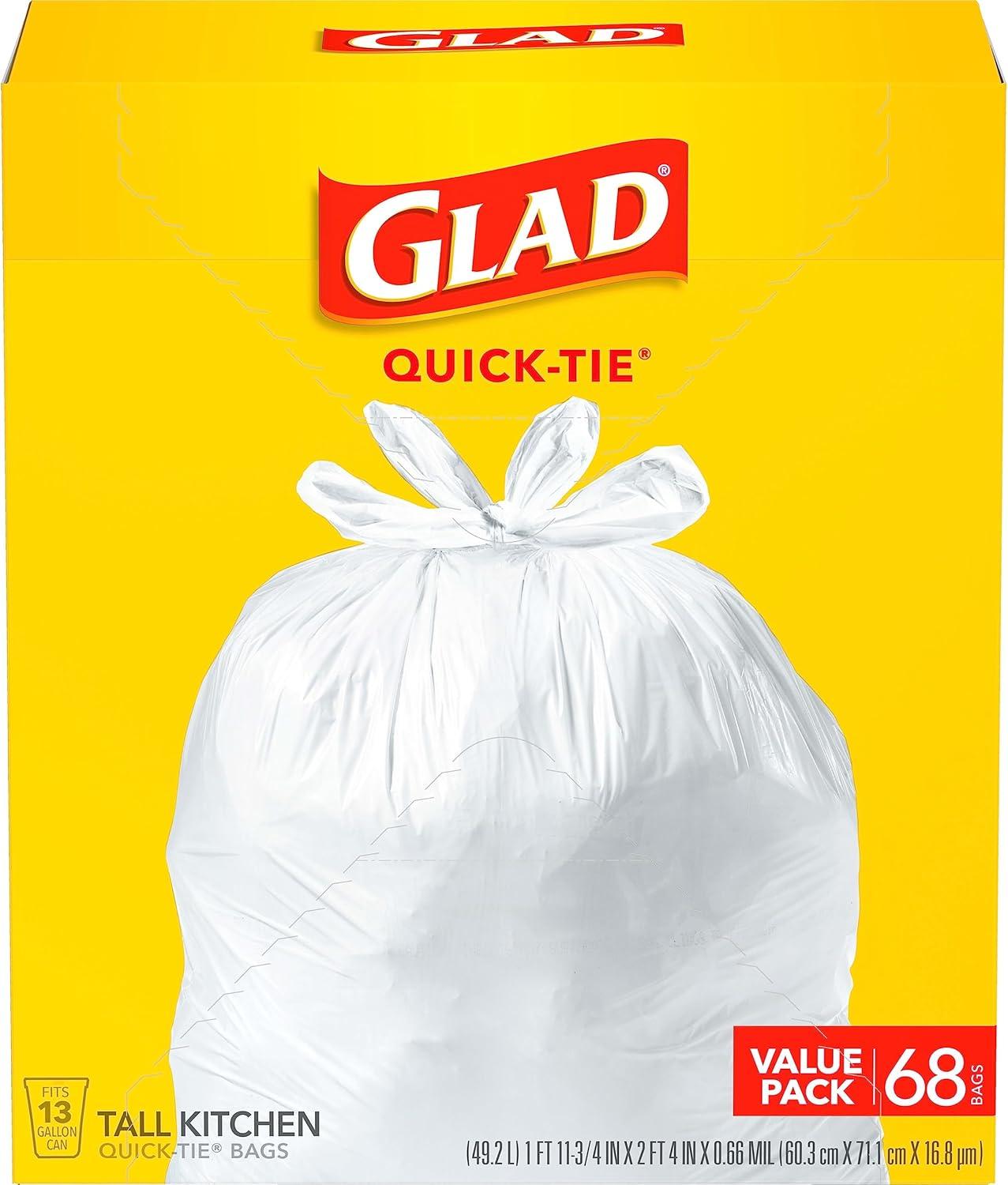 Glad Tall Kitchen Quick-Tie Trash Bags, 13 Gallon, White, 68 Count