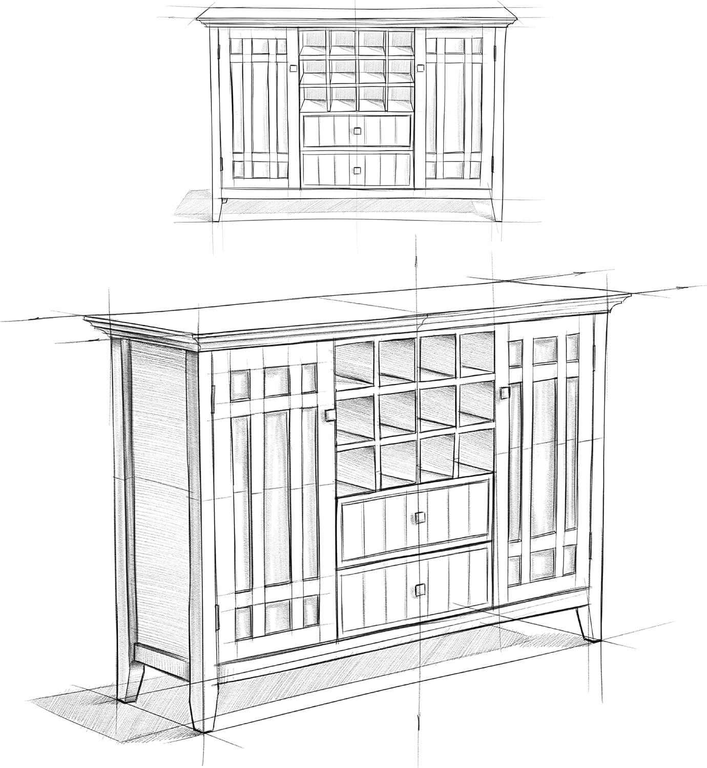 Simpli Home Bedford 54"W Solid Wood Sideboard Buffet and Wine Rack, 2 Drawers, and 2 Cabinets