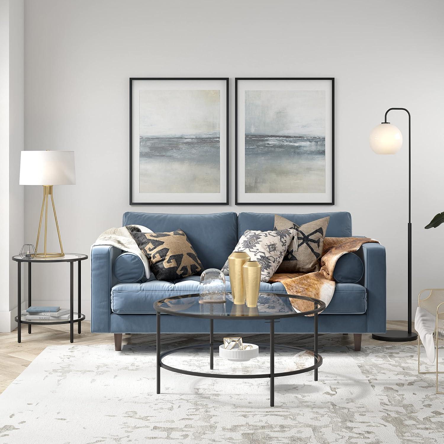 Blackened Bronze Round Side Table with Glass Shelf