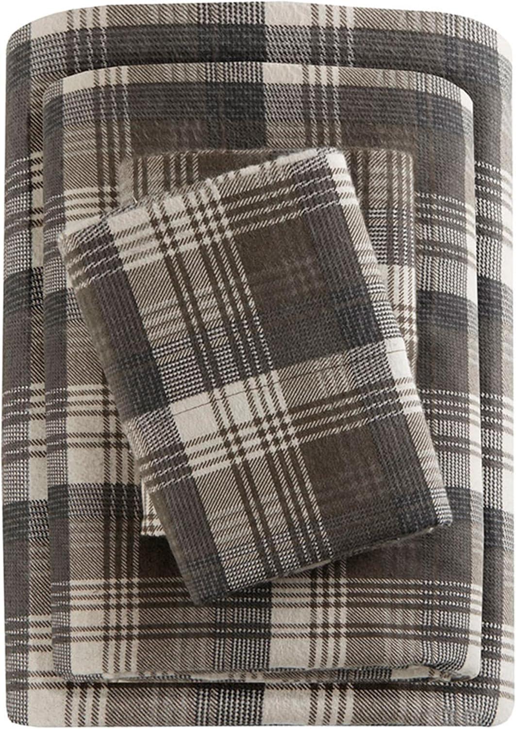 Queen Brown Plaid Cotton Flannel Sheet Set