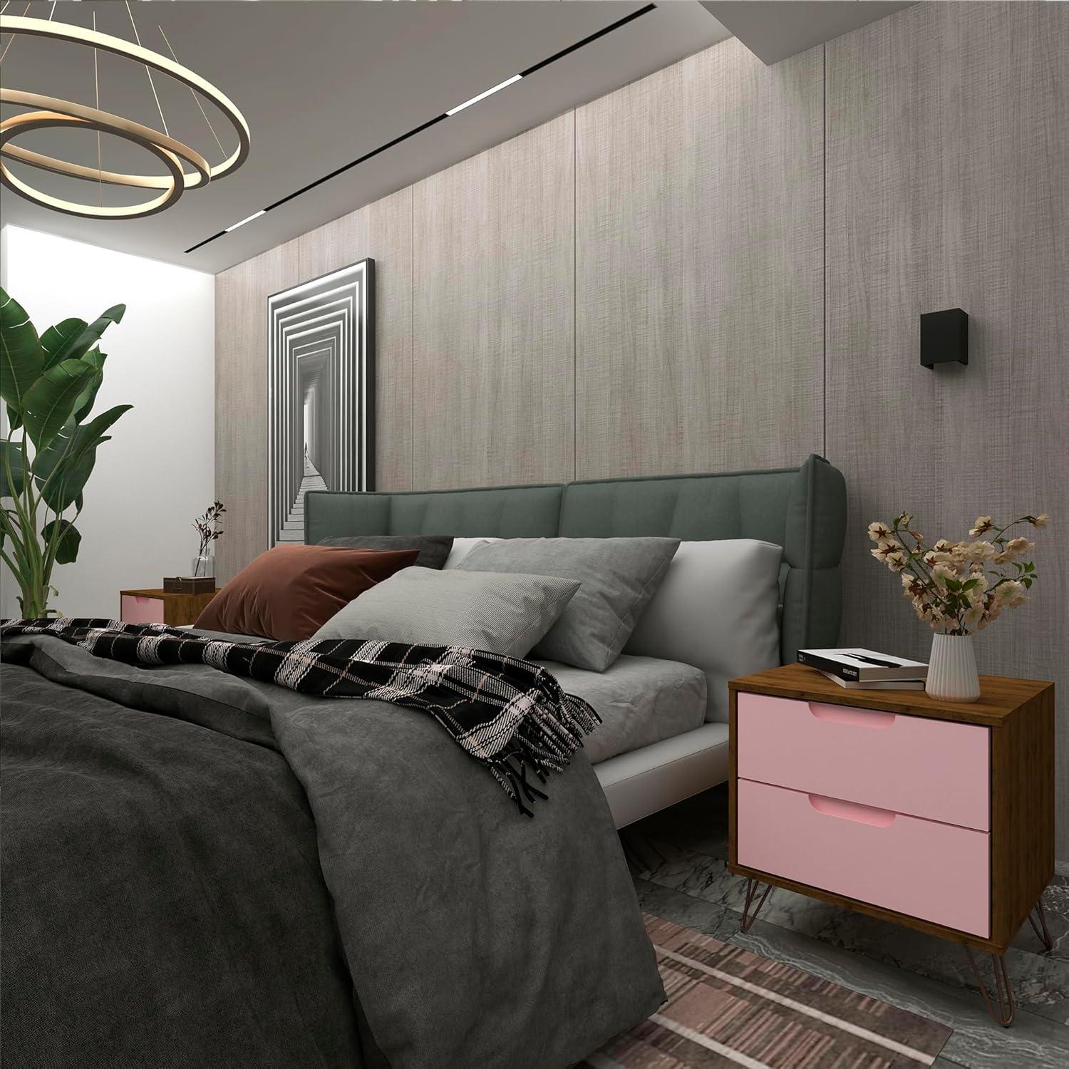 2.0 Rockefeller Nightstand Natural/Rose Pink - Manhattan Comfort: Modern MDF Bedside Storage with Metal Glides