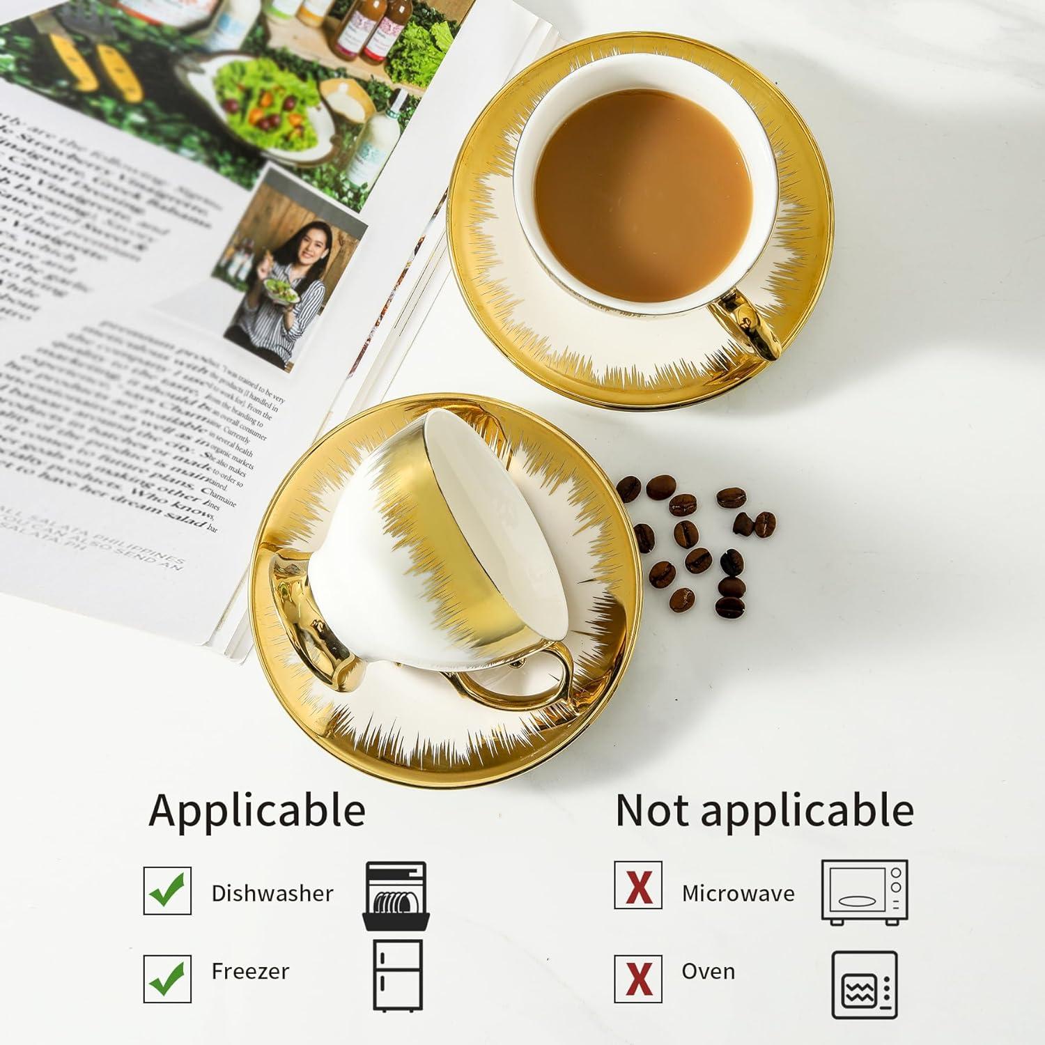 FAST APPLIANCES LLC Cappuccino Cups With Saucers, 7 Oz Porcelain Double Espresso Cups Set, Ceramic Turkish Coffee Cups With Trim, Tea Cups Set Of 6, Cafe Cups For Latte, Mocha, Au Lait