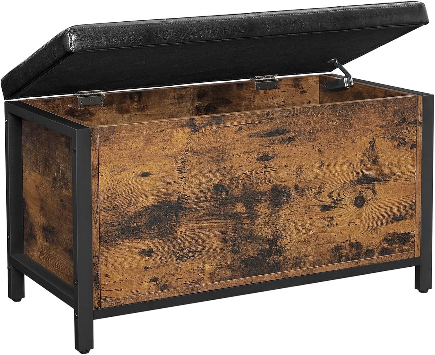 Rustic Brown Black Industrial Storage Bench with Padded Seat