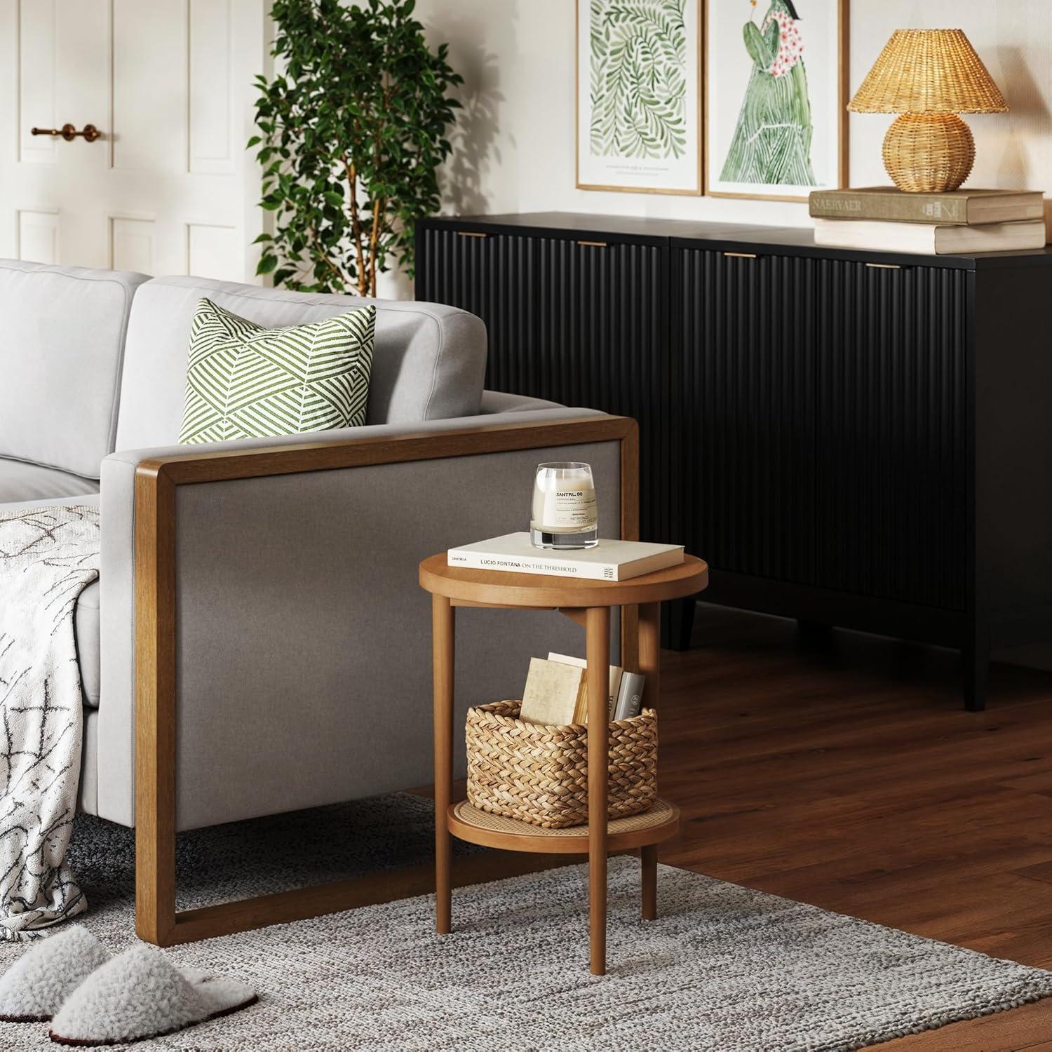 Honey Brown Round Wood Side Table with Rattan Shelf