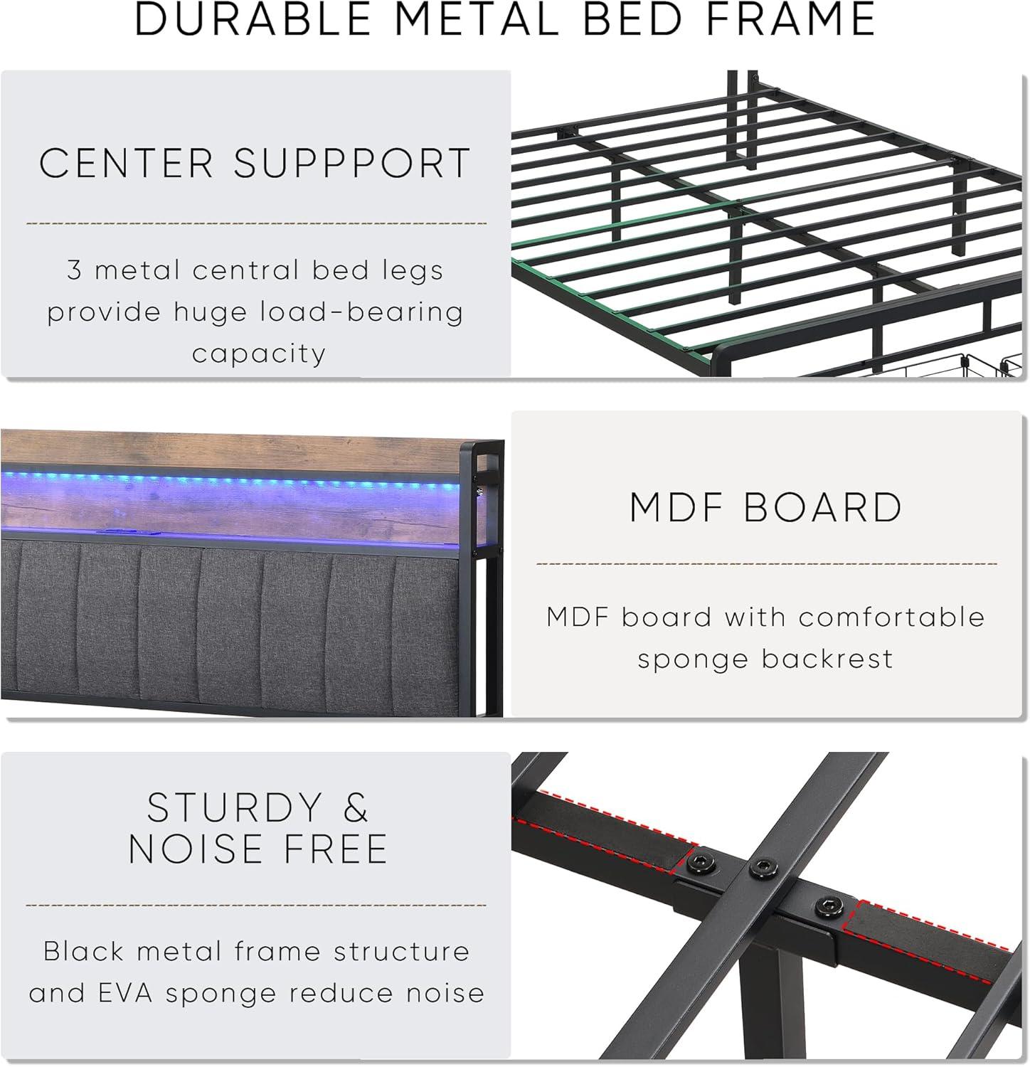 Orren Ellis Full Bed Frame With Storage Headboard And Drawers, Full Size Led Platform Bed Frame, Led Upholstered Bed Frame With Charging Station