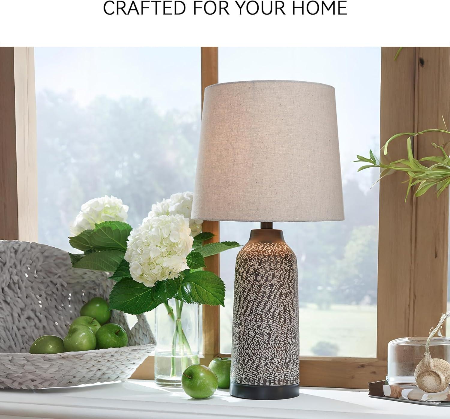 Signature Design by Ashley Lanson Table Lamps: Hammered Metal, Bronze Finish, Beige Shade, Set of 2