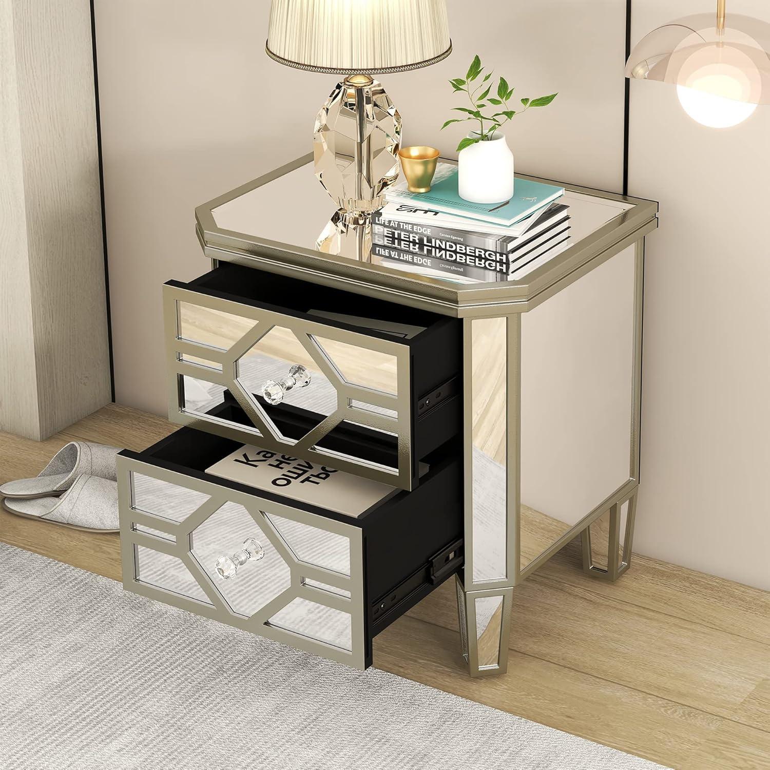 Elegant Silver Mirrored 2-Drawer Nightstand with Golden Accents