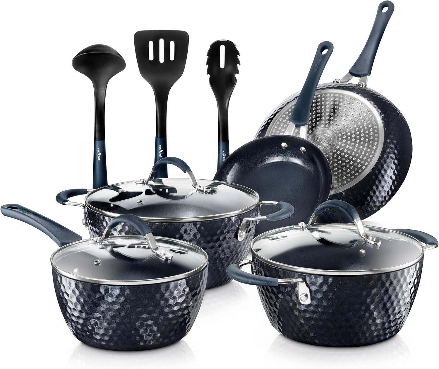 NutriChef 11-Piece Navy Blue Nonstick Aluminum Cookware Set with Utensils