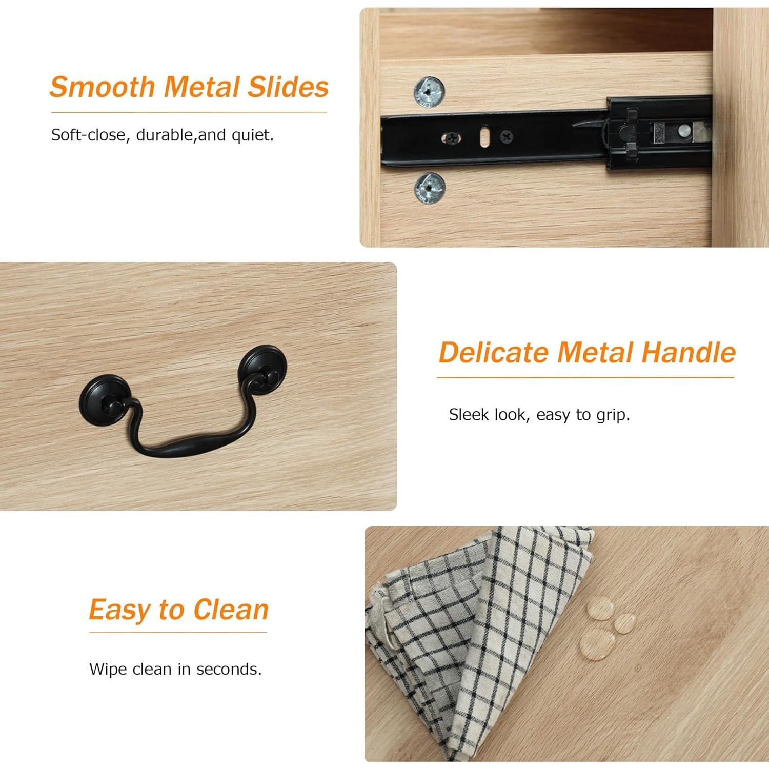 WAMPAT 3 Piece Dresser and Nightstand Sets, Farmhouse Dresser & Chest of Drawers with 6 Drawers & Metal Handle, Set of 2 Nightstands End Table with Charging Staion, 3 Piece Bedroom Set, Oak