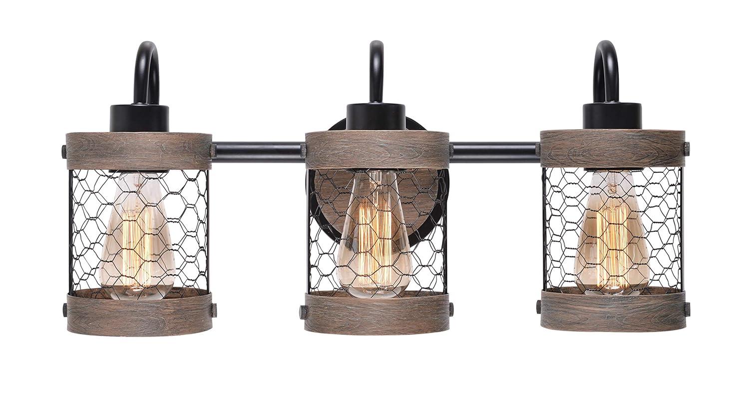 Co-t Kenroy Home Industrial Farmhouse 3-Light Bath Vanity Fixture With Chicken Wire Mesh Shades & Distressed Wood Accents