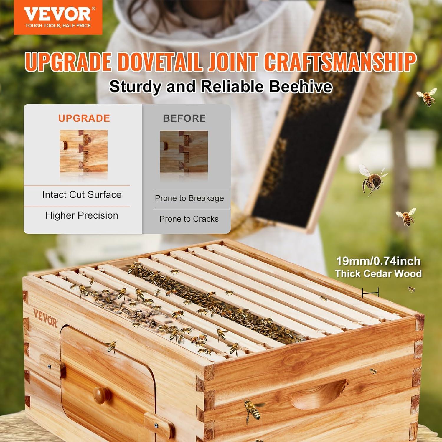 VEVOR Bee Hive Deep Box Starter Kit, 100% Beeswax Coated Natural Cedar Wood, Langstroth Beehive Kit with 10 Frames and Foundations, Transparent Acrylic Bee Windows for Beginners and Pro Beekeepers