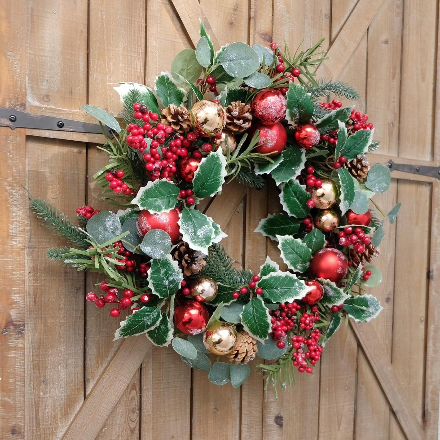 20 Inches Christmas Wreath,Artificial Christmas Wreaths For Front Door Christmas Grapevine Wreath With Pine Needles Pine Cones And Red Berries For Home Decor Christmas Winter Decorations