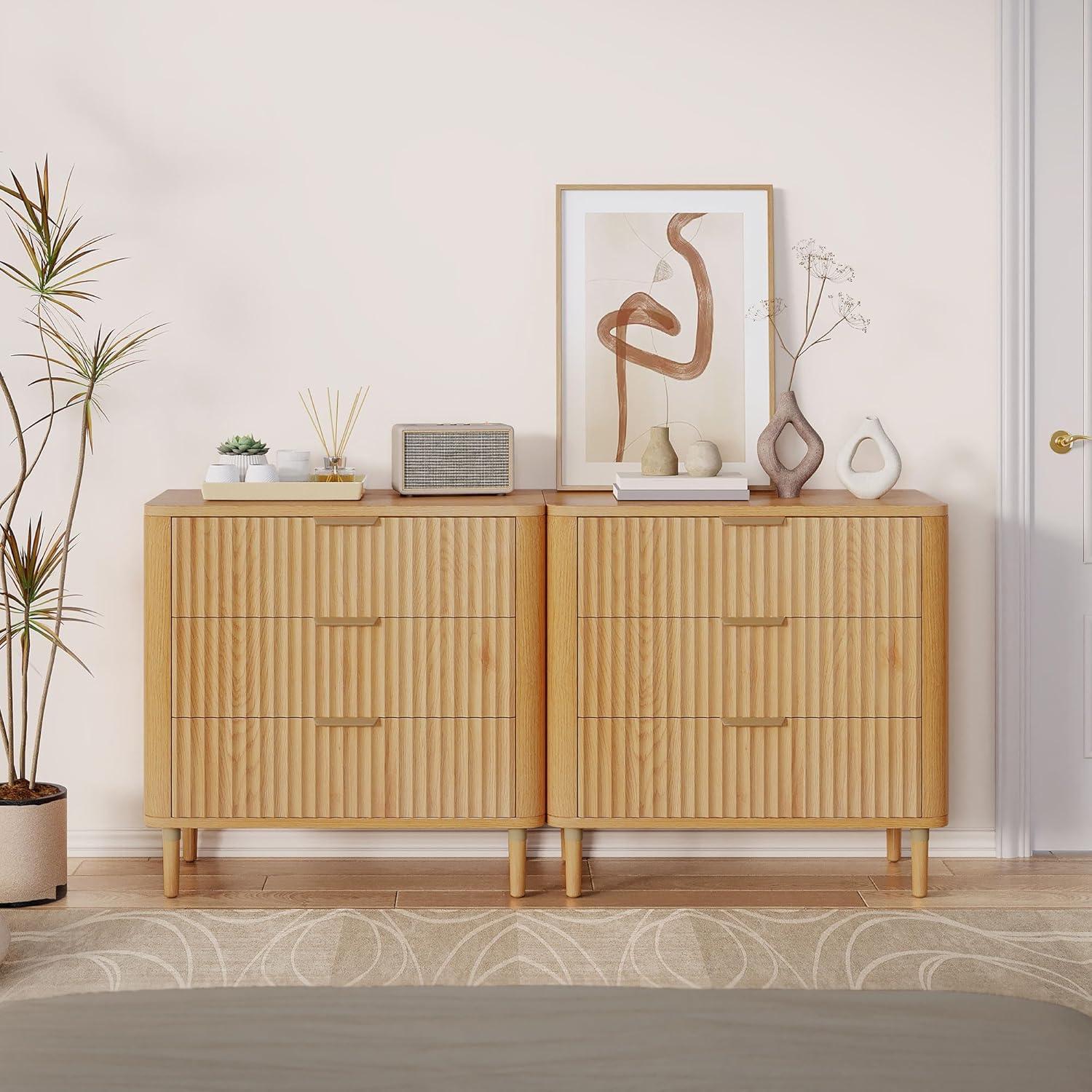 DWVO 3 Drawer Dresser, 32 inch Tall and Wider Modern Closet Dressers Chest of Drawers with Waveform Fluted Panel, Wood Storage Dresser Organizer for Dorms, Flats, Living Rooms, Hallways, Natural Oak