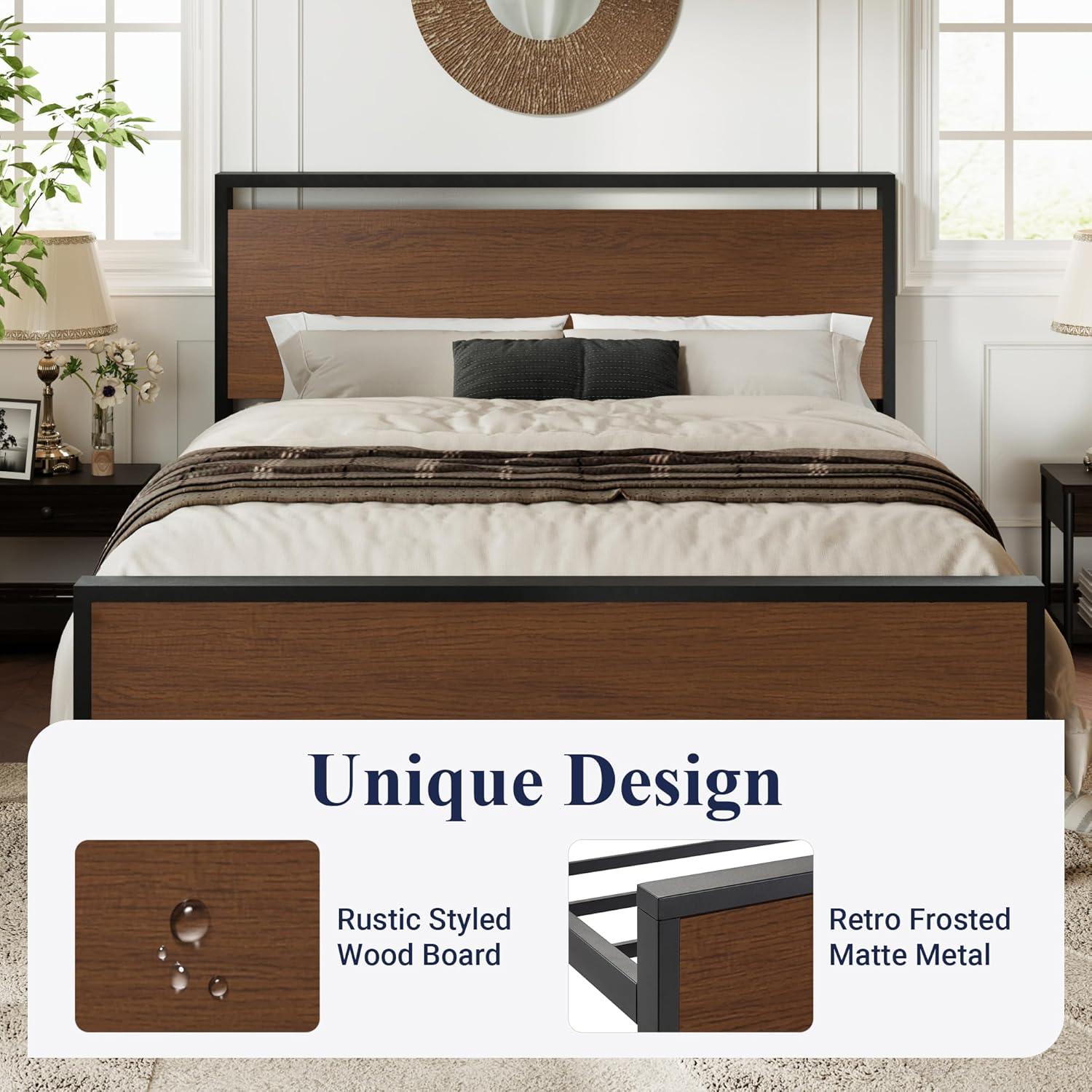 Walnut and Black Queen Metal Frame Bed with Wood Headboard