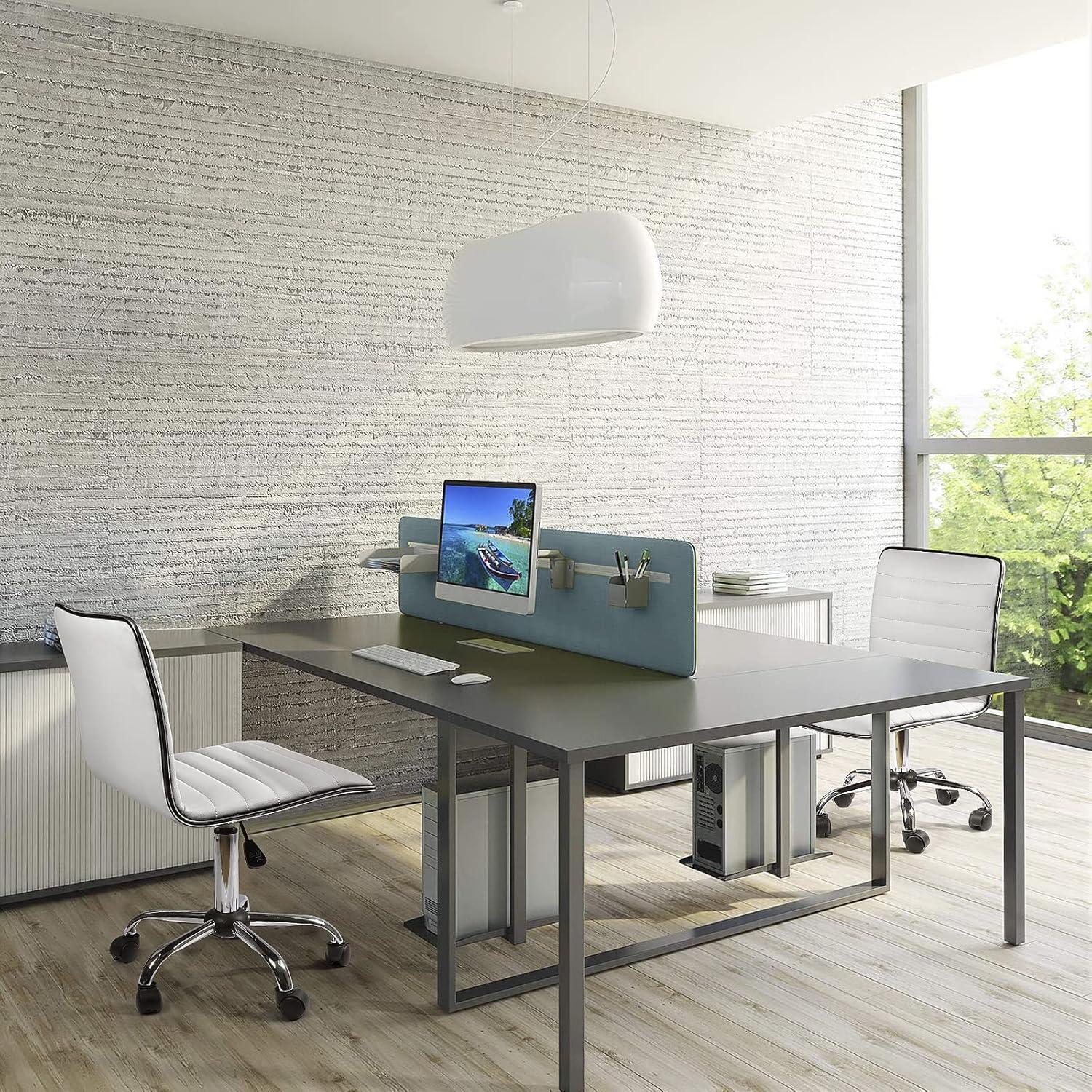 BOSSIN Adjustable Home Office Chair, Mid-Back Armless Ribbed Swivel Task Chair,Vanity Chair for Small Space, Living Room, Make-up, Studying (White)