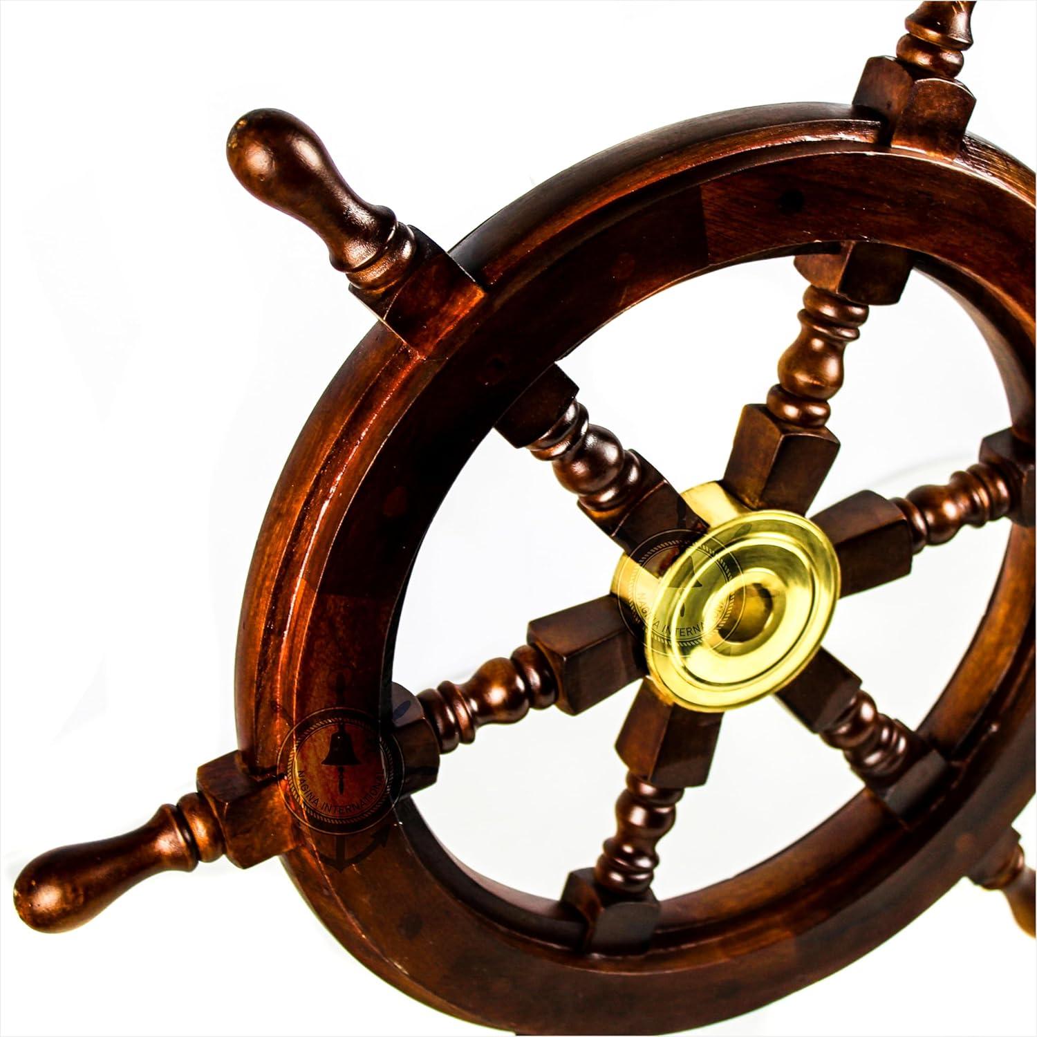 24" Dark Rosewood and Brass Nautical Ship Wheel Decor