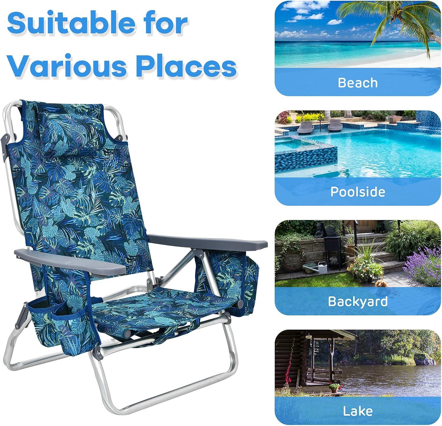 Topcobe 2-Pack Folding Backpack Beach Chair 5-Position Outdoor Reclining Chairs with Pillow, Foldable Outdoor Patio Chair for Deck, Backyard, Navy