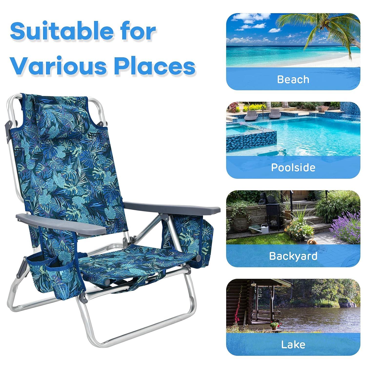 Topcobe 2-Pack Folding Backpack Beach Chair 5-Position Outdoor Reclining Chairs with Pillow, Foldable Outdoor Patio Chair for Deck, Backyard, Navy
