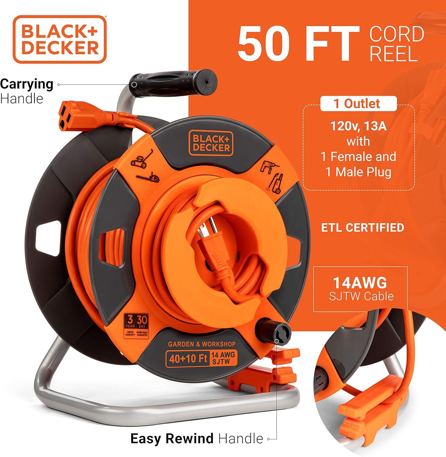 BLACK+DECKER 50' Garden Cord Reel 14AWG 4 Outlets: Outdoor Extension Cord Reel, 13 Amp, 50ft, 3 Conductors, Black