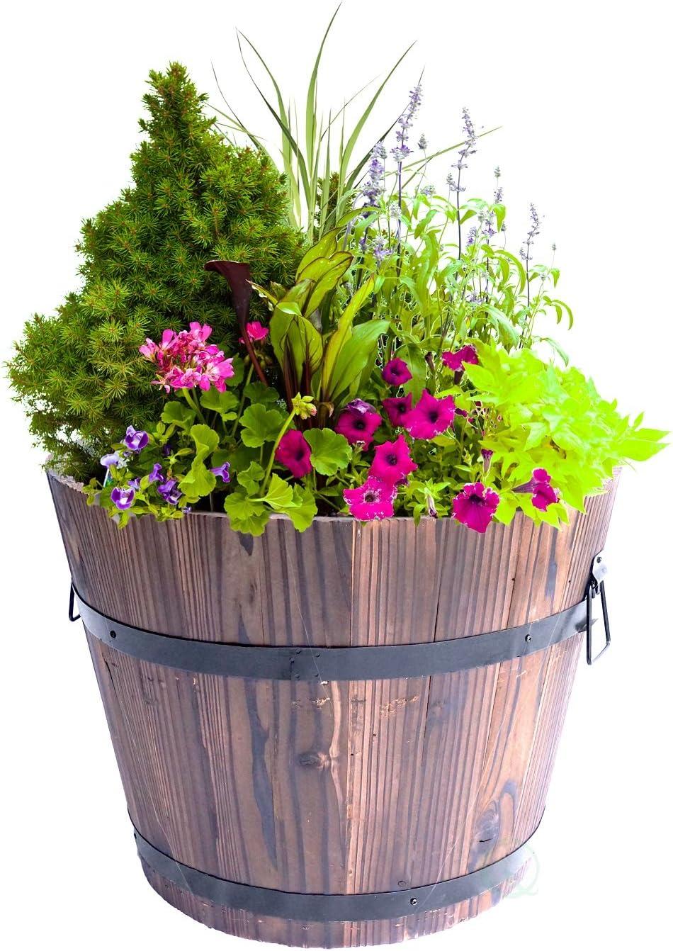 Gardenised Rustic Wooden Whiskey Barrel Planter with Durable Medal Handles and Drainage Holes - Perfect for Indoor and Outdoor Use