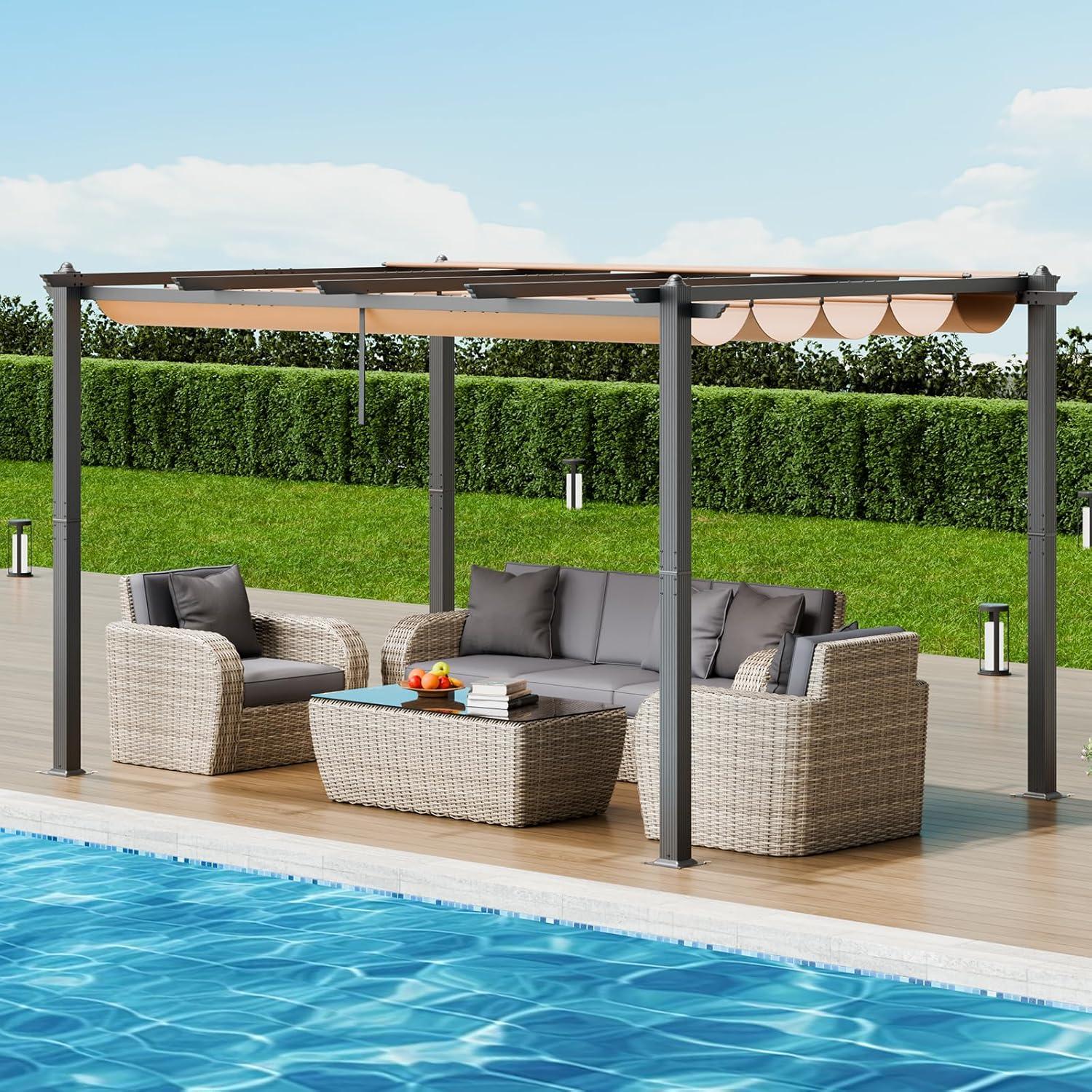 VEVOR 10'x13' Outdoor Retractable Pergola with Canopy, Aluminum Pergola with Retractable Canopy, Modern Style,Sun Shadefor Patios, Gardens, Decks, Backyards (Beige)