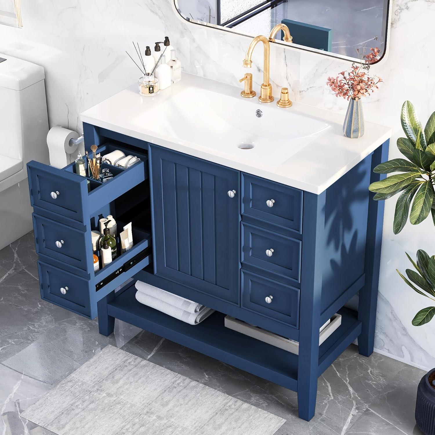 36'' Blue Solid Wood Bathroom Vanity with Ceramic Sink