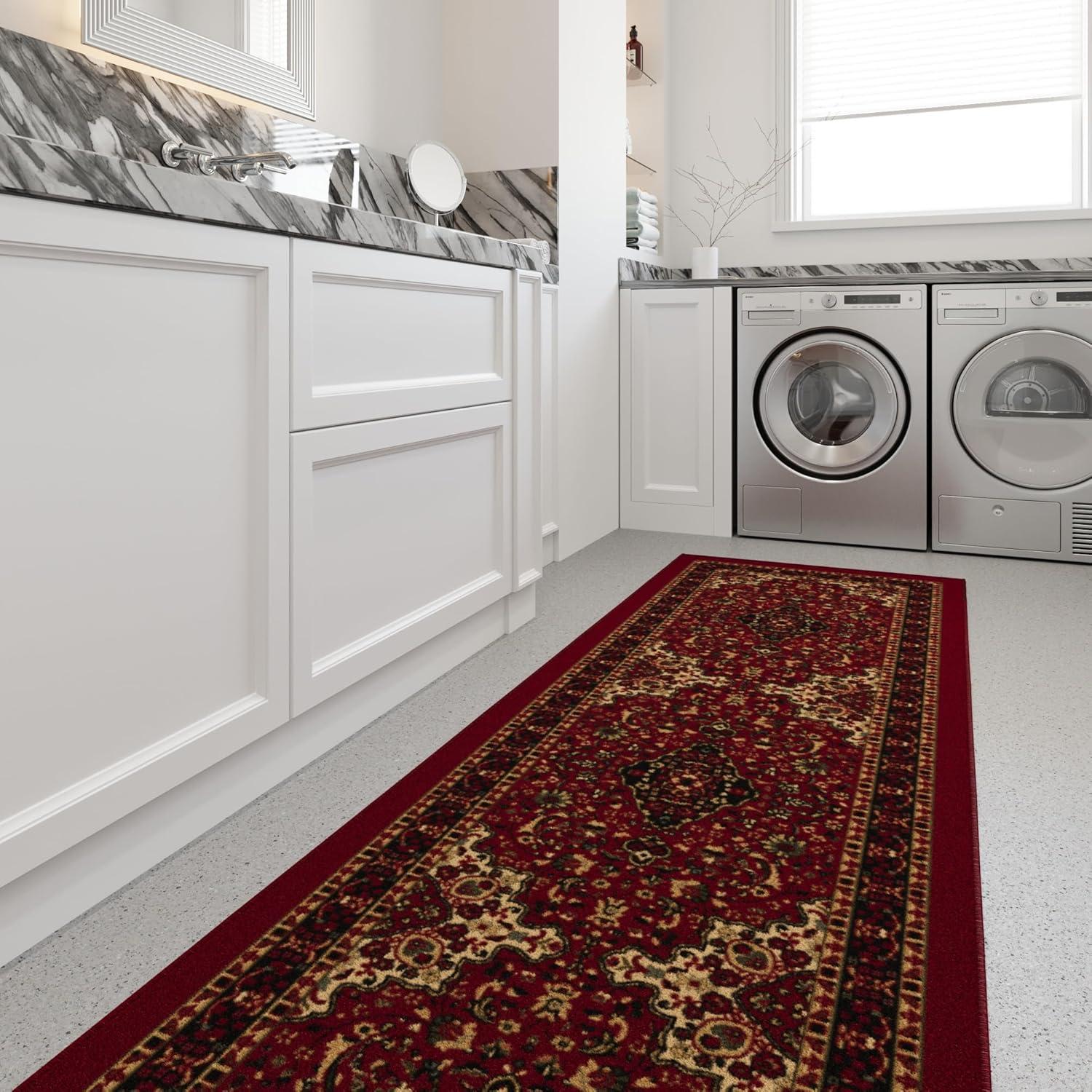 Ottohome Non-Slip Medallion Oriental Area Rug For Living Room, Hallway, Entryway Rug, Dark Red