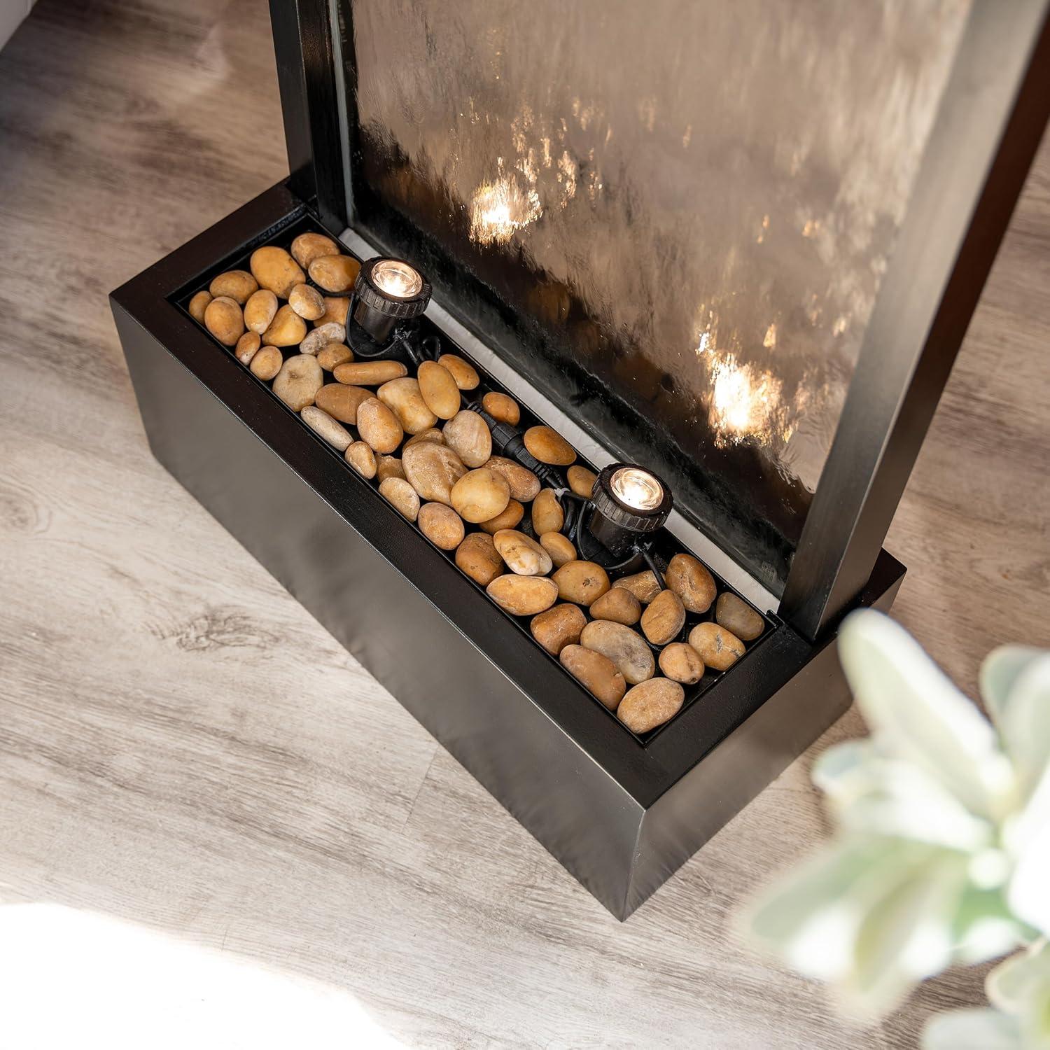 XBrand 68" H Freestanding Modern Indoor/Outdoor Waterfall Fountain w/ Decorative Rocks, LED Lights & Auto-Shut Off Pump, Aluminum/Clear Glass, Black